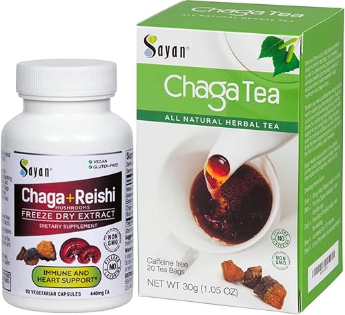 Sayan Extracto de hongo chaga siberiano y reishi orgánico 90 cápsulas vegetarianas y caja de 20 bolsas de té chaga - Suplemento dietético cosechado