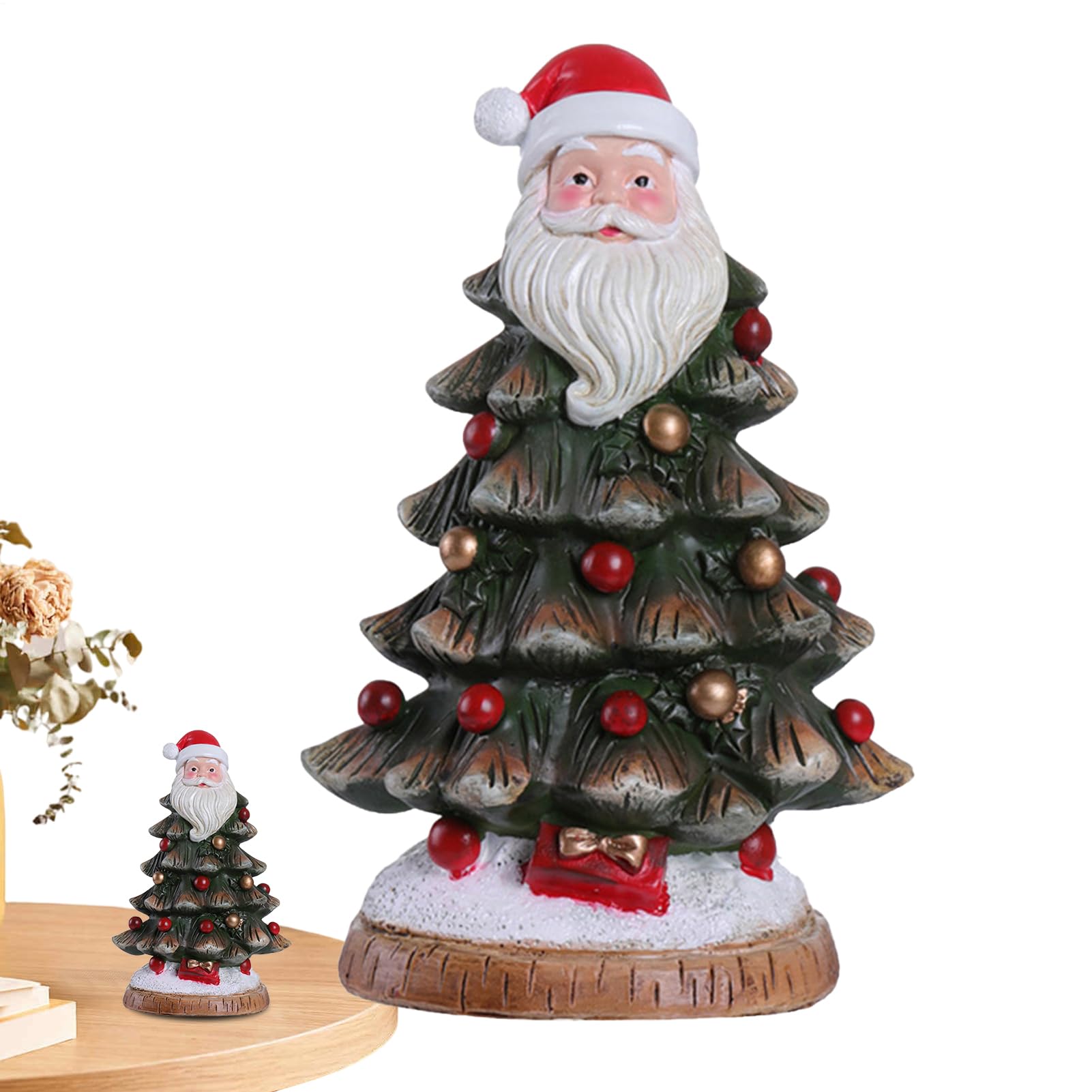 Figurines de Père Noël et statue d'arbre en bois rustique