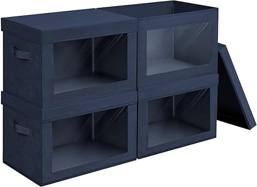 Vista 23 de Contenedores de almacenamiento con tapas, contenedores de almacenamiento de tela con ventana, cestas plegables para estantes, paquete de 4, cajas