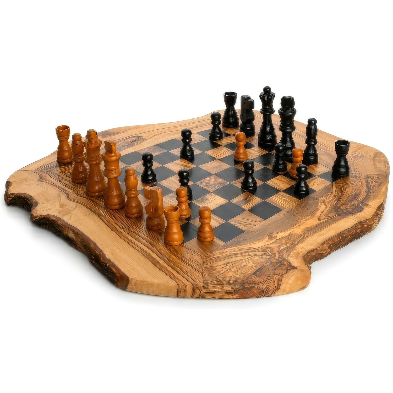 Schachbrett aus Olivenholz Handgefertigt mit Naturkante – Rustikales Schachspiel, Mediterran, Unikat, Geschenkidee (Schwarz, 40×40×2 cm)