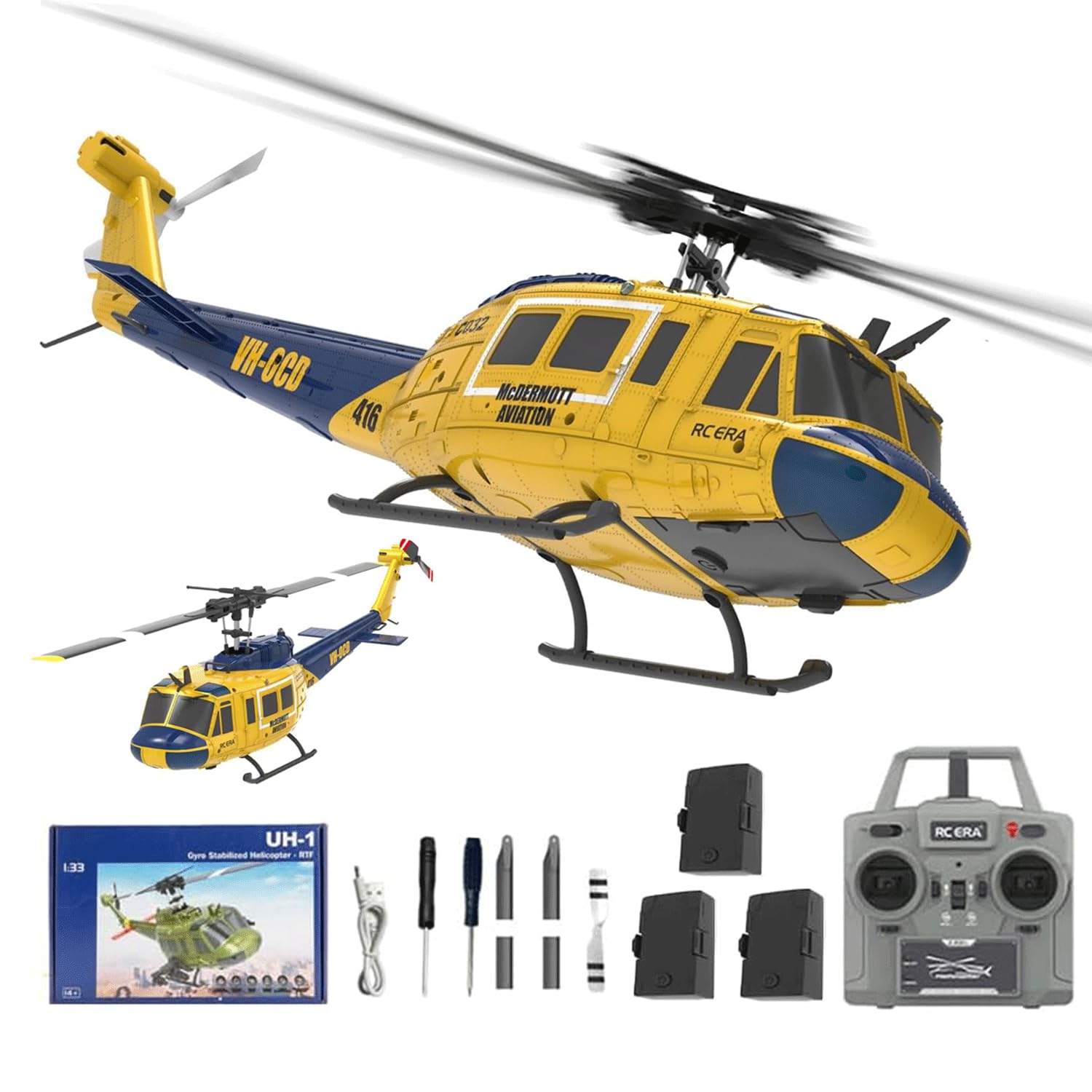 NULA RC ERA C032 UH-1 Huey RC Helicopters, 1/48 Scale 6CH 2.4G 6-Axis Gyro Stabilized Military Aircraft with 3D Inverted Flight & Altitude Hold for Adults Beginners (RTF / 3 Battery)