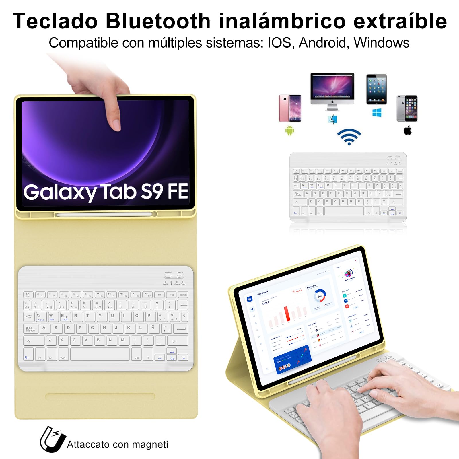 IVEOPPE Funda Teclado Samsung Galaxy Tab S10 FE 2025/S9 FE 10.9"/S9 11" 2023, Teclado Bluetooth Magnéticamente Desmontable QWERTY Español Ñ para Galaxy Tab S10 FE/S9 FE 10.9"/S9 11" 2023, Amarillo