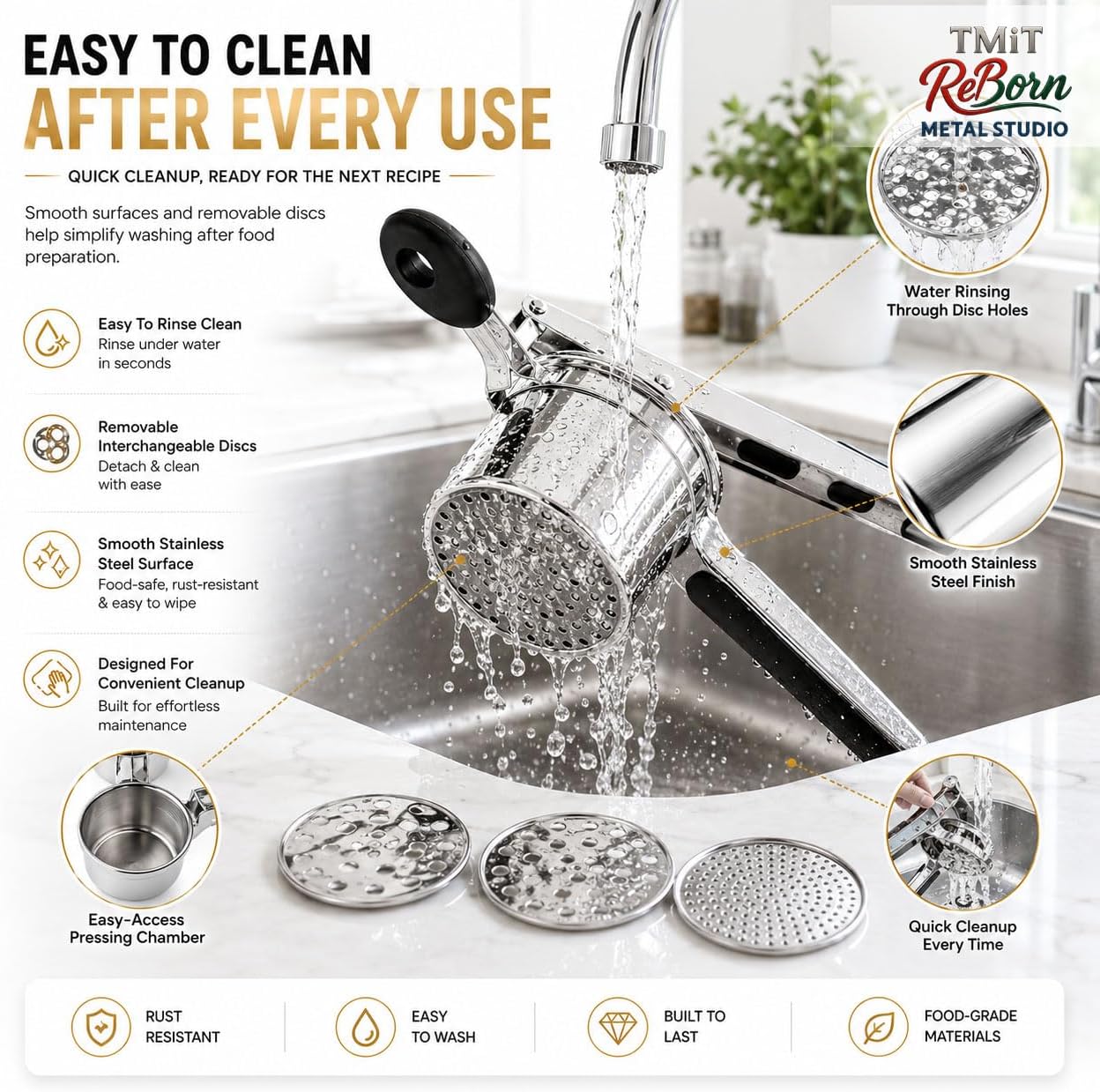 Stainless Steel Potato Ricer and Masher, Heavy Duty Potato Press with 3 Interchangeable Discs, Comfortable Non-Slip Handles, Manual Masher for Potatoes, Vegetables and Food Preparation