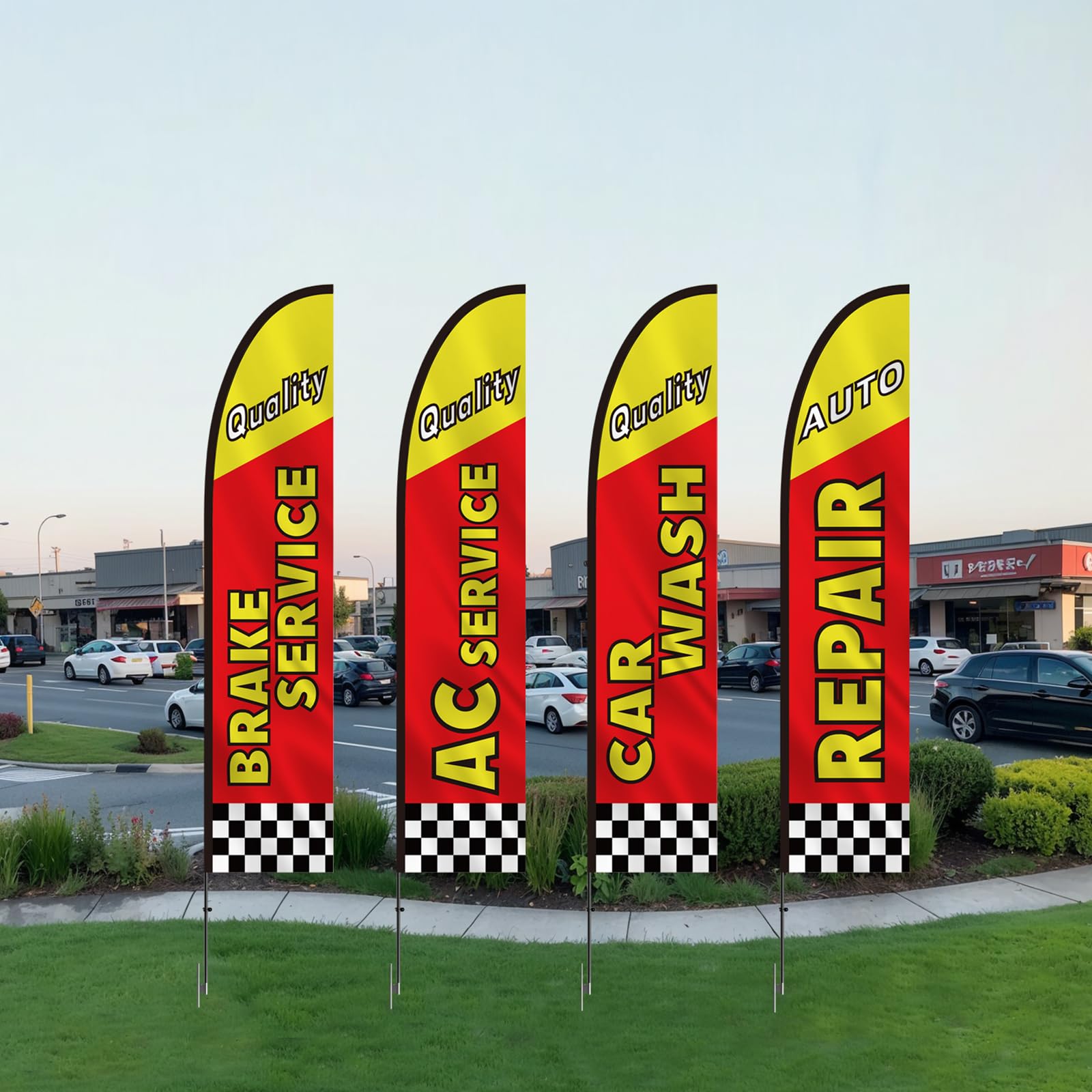 VEVOR Kit de Mástil y Bandera de Pluma de Reparación de Automóviles Kit de Banderas de Pluma, 4 Banderas(BRAKE SERVICE, AC SERVICE, CAR WASH, REPAIR), 4 Mástiles de 4,5 m, 4 Estacas para el Suelo