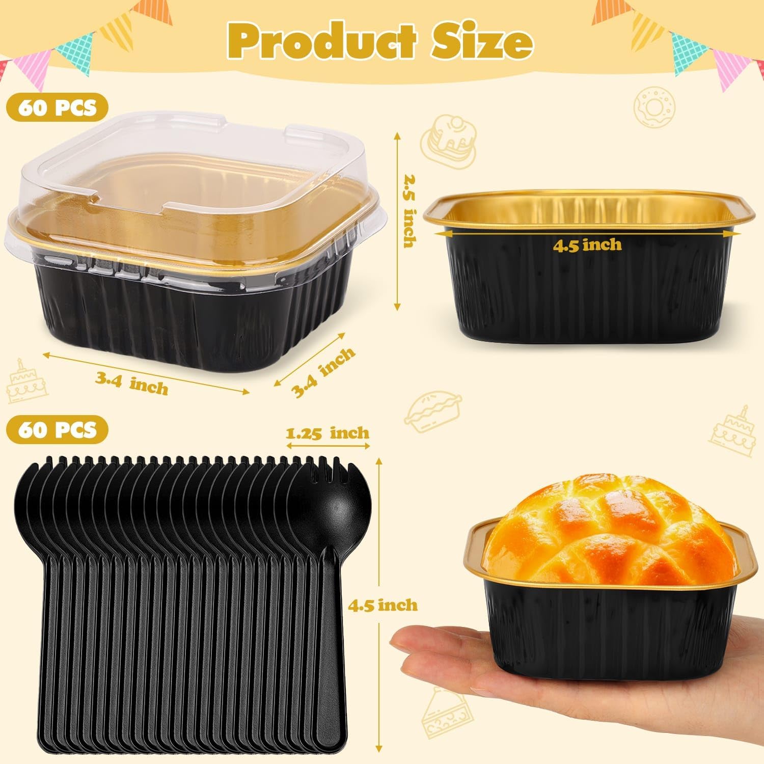 selizo 60 Pack 10oz Mini Disposable Cake Pans with Lids, Aluminum Foil Square Baking Cups, 4.4x4.4 Large Baking Cake Tins Cup Cake Containers with Lids for Individual Cakes, Black - Image 3