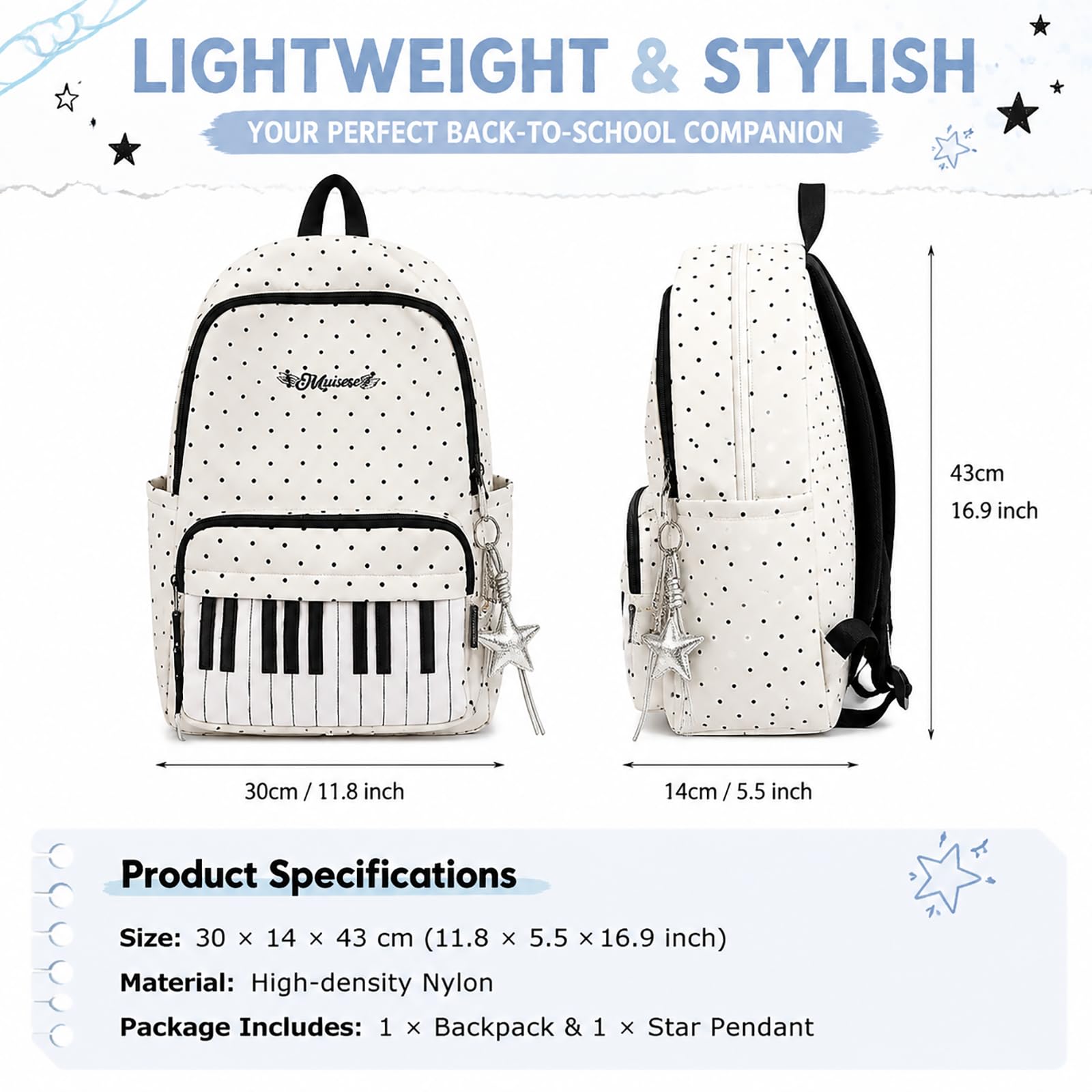 Piano Backpack With Polka Dot Pattern, Cutecore Style Daypack For High School Students, Travel And Everyday Use (Two Pcs)