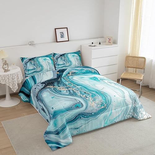 Miniatura 2 de Juego de edredón de arte abstracto, color verde azulado, azul, dorado, textura de mármol, juego de edredón de lujo natural para niños y niñas,