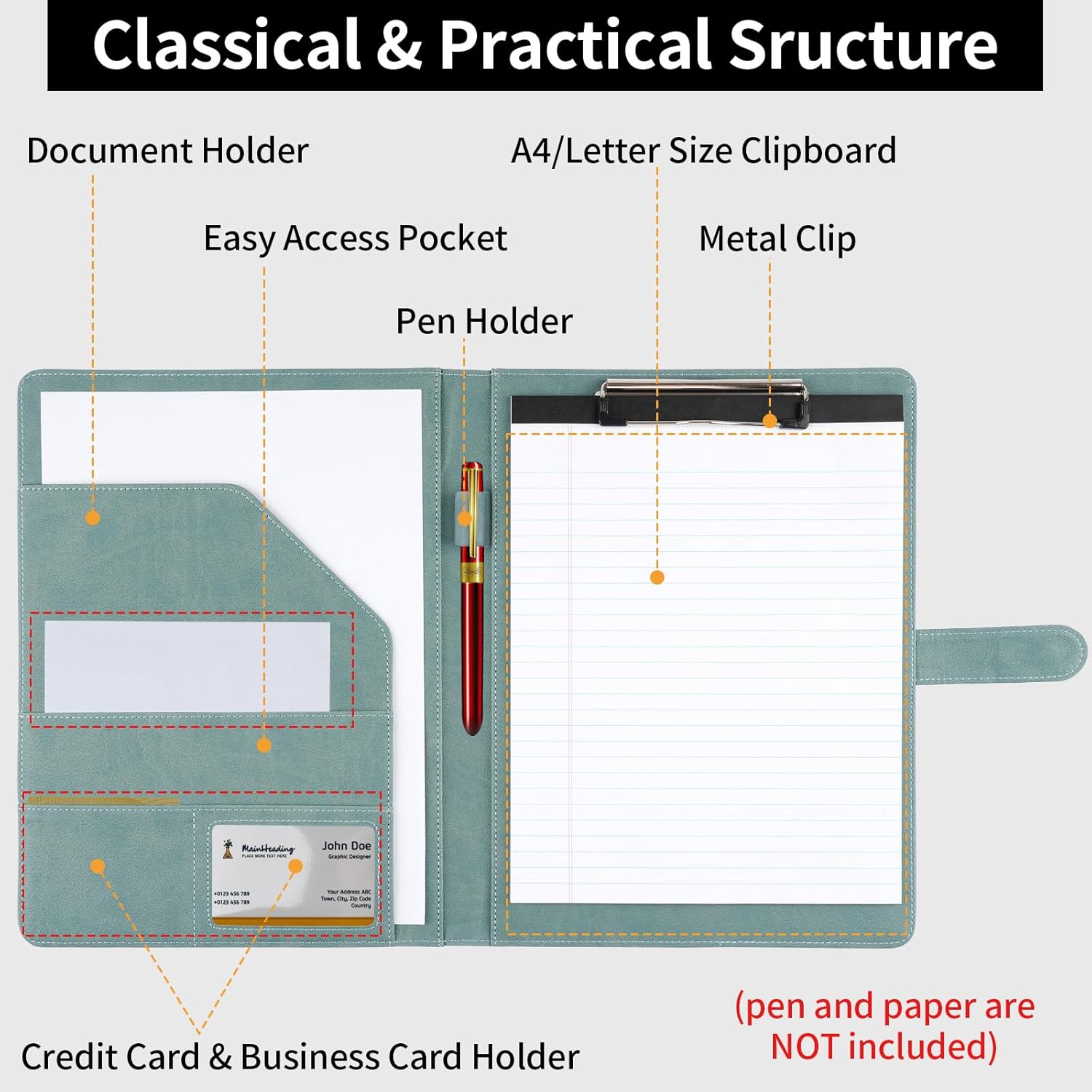 Professional Padfolio with Clipboard, Faux Leather Portfolio Folder Binder, Legal Pad Holder for A4 Letter Size Notepad, Resume, Writing, Ideal Organizer for Business Office Conference (Gray Green) - Image 3