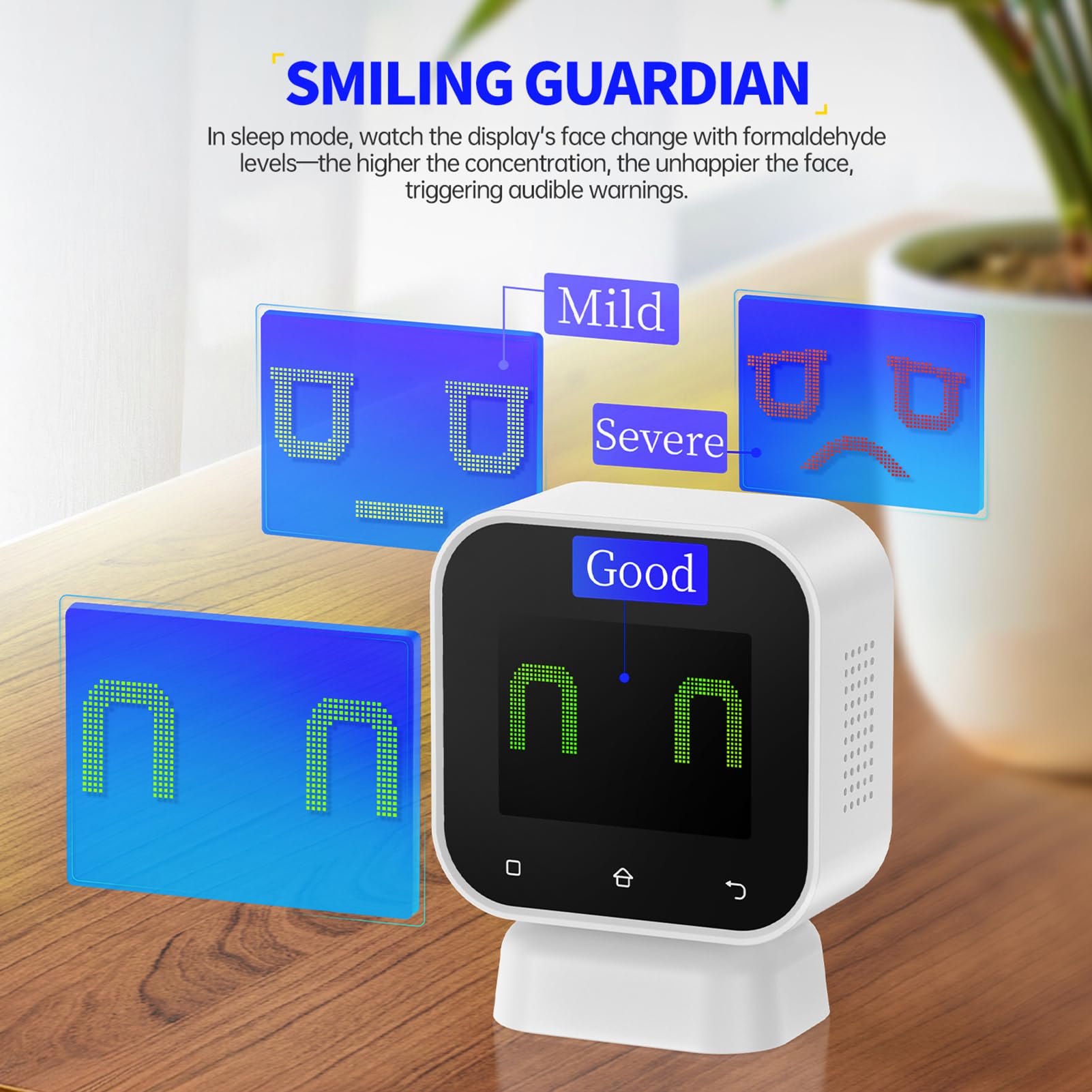 Medidor calidad aire formaldehído 5 en 1 air quality monitor Medición simultánea de HCHO y TVOC, la humedad del aire y la evaluación de riesgos, pantalla táctil 2,4", alerta automática.