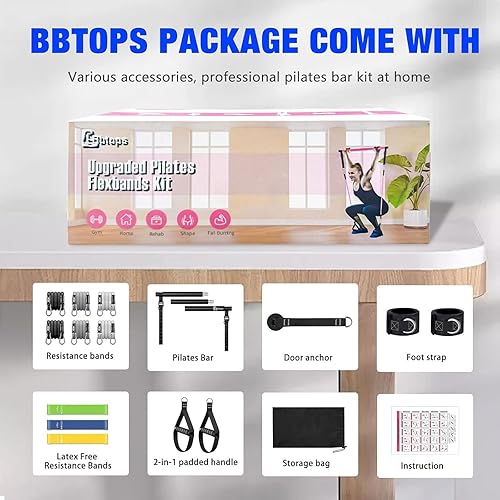 Miniatura 9 de Kit de barra de pilates Bbtops con bandas de resistencia, barra de pilates con bandas apilables, equipo de entrenamiento para piernas, cadera