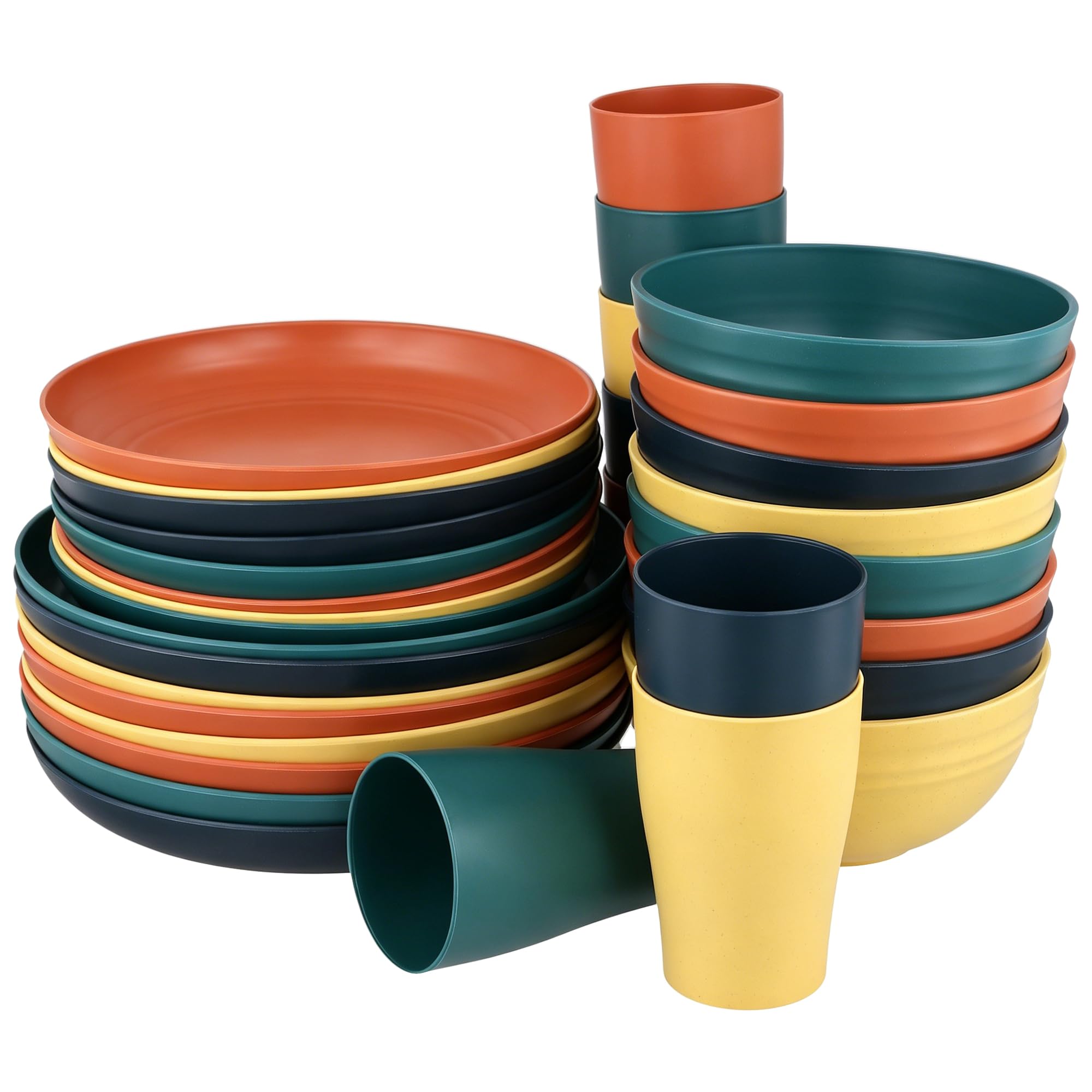 Service de table 32 pièces en plastique incassable - Assiettes plates, assiettes à salade, bols et tasses pour camping, pique-nique et fête, passe au micro-ondes et au lave-vaisselle