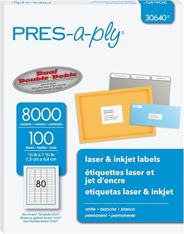 Lazer ve Mürekkep Püskürtmeli Yazıcılar için PRES-a-ply Etiketler, 5 x 1.75, Beyaz, 8000'li Kutu (30640)
