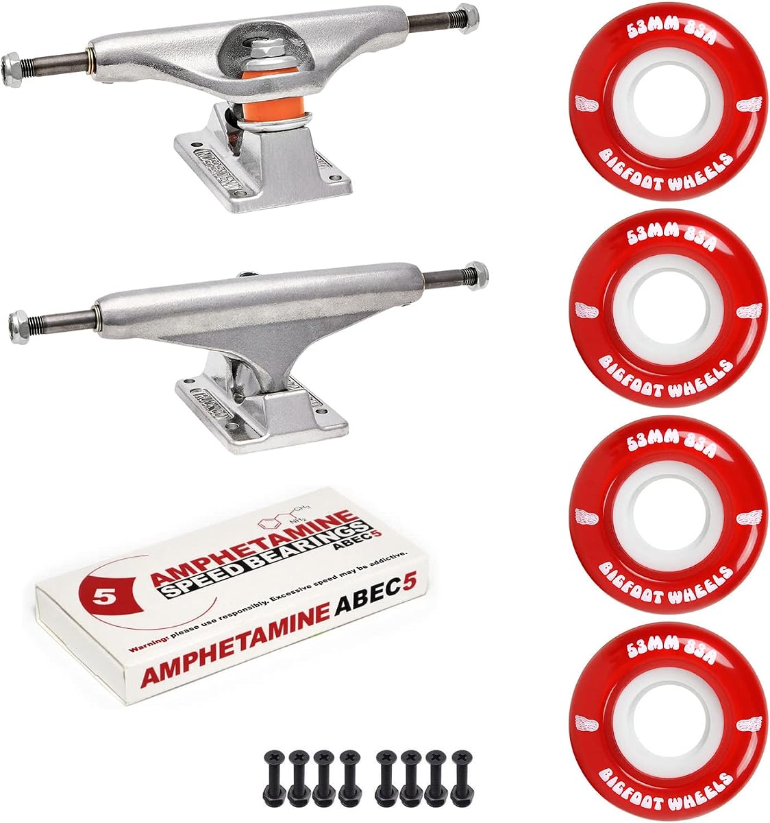 Independent Skateboard Trucks Package Kit with Bigfoot 53mm Soft 83A Wheels, Amp 5 Bearings, 1" Phillips Mounting Hardware, and 1/8" Risers