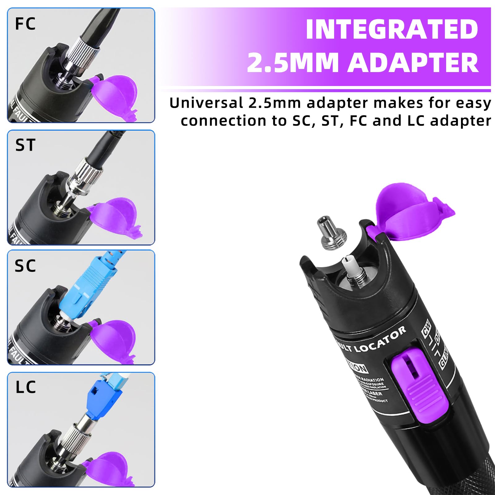 Localizzatore visivo guasti da 70 mW, kit VFL da 70 mW, Penna tester per cavi in fibra ottica con adattatori FC/LC monomodali da 9/125μm, portata VFL 70Km, supporto interfaccia SC/FC/ST/LC da 2,5 mm