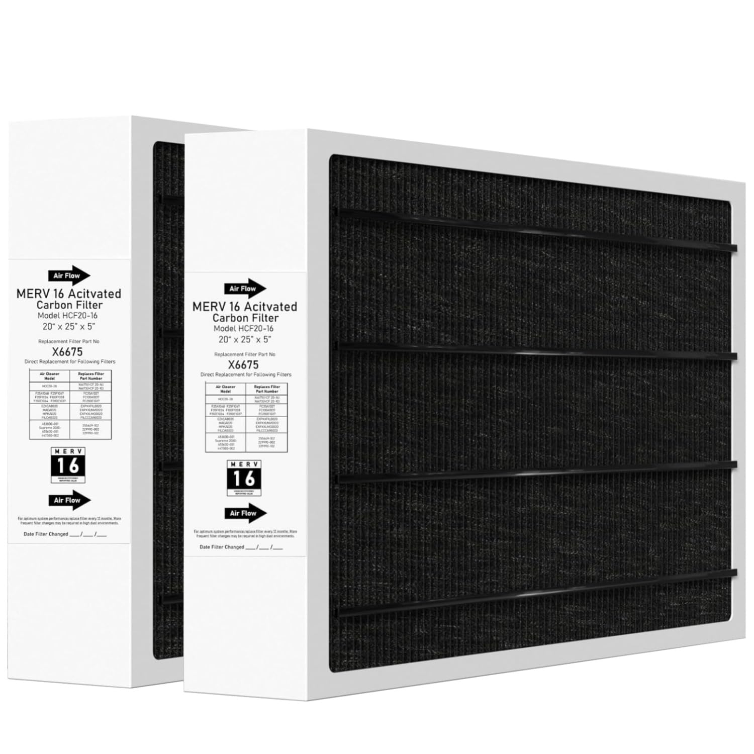 X6675 Merv 16 Air Filter 20x25x5 Carbon Efficient Air Filter Compatible with Lennox X6675 and Lennox HCC20-28 Furnace HVAC System(Actual Size: 19.8 x 24.8 x 4.3 In), Part Number HCF20-16, 2 Pack