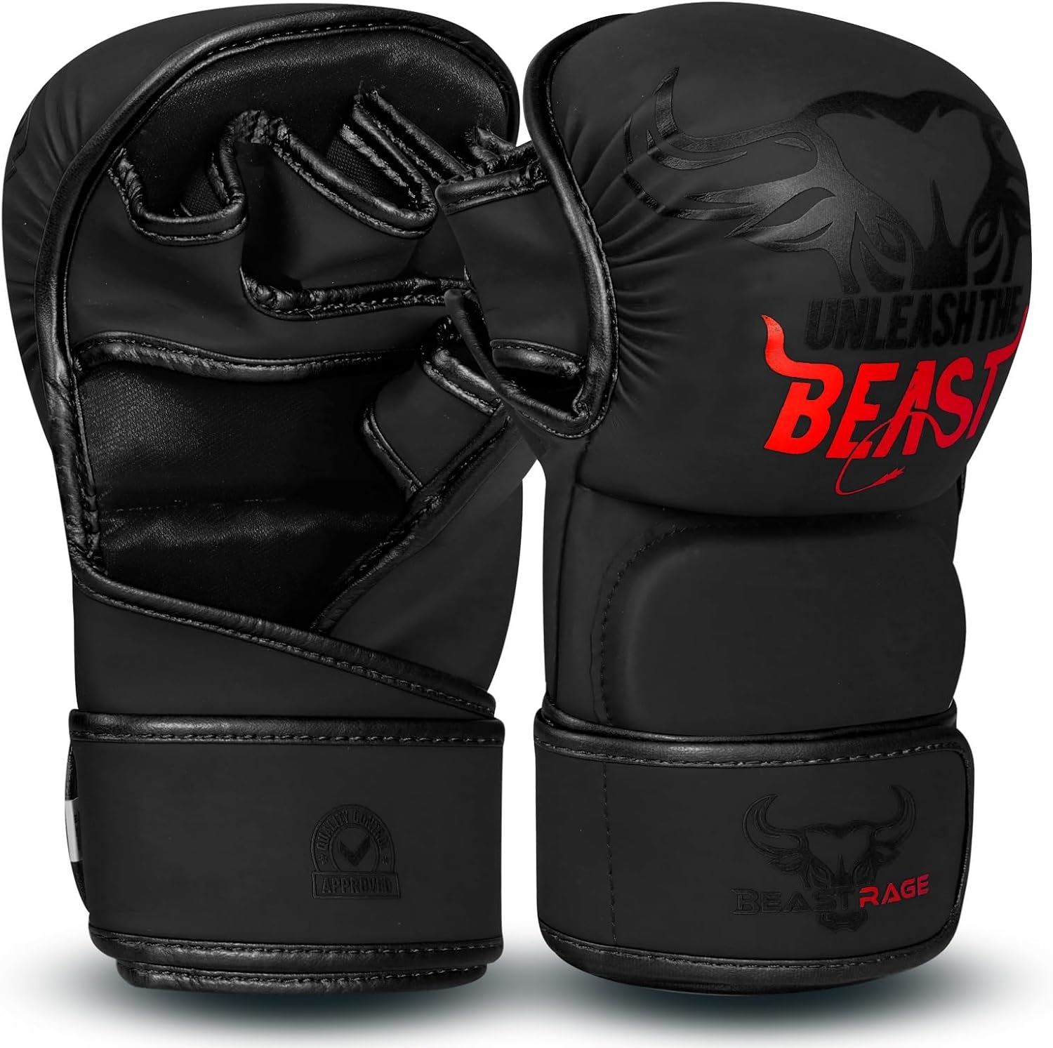 Black BEAST RAGE open palm grappling gloves with leather finger loops