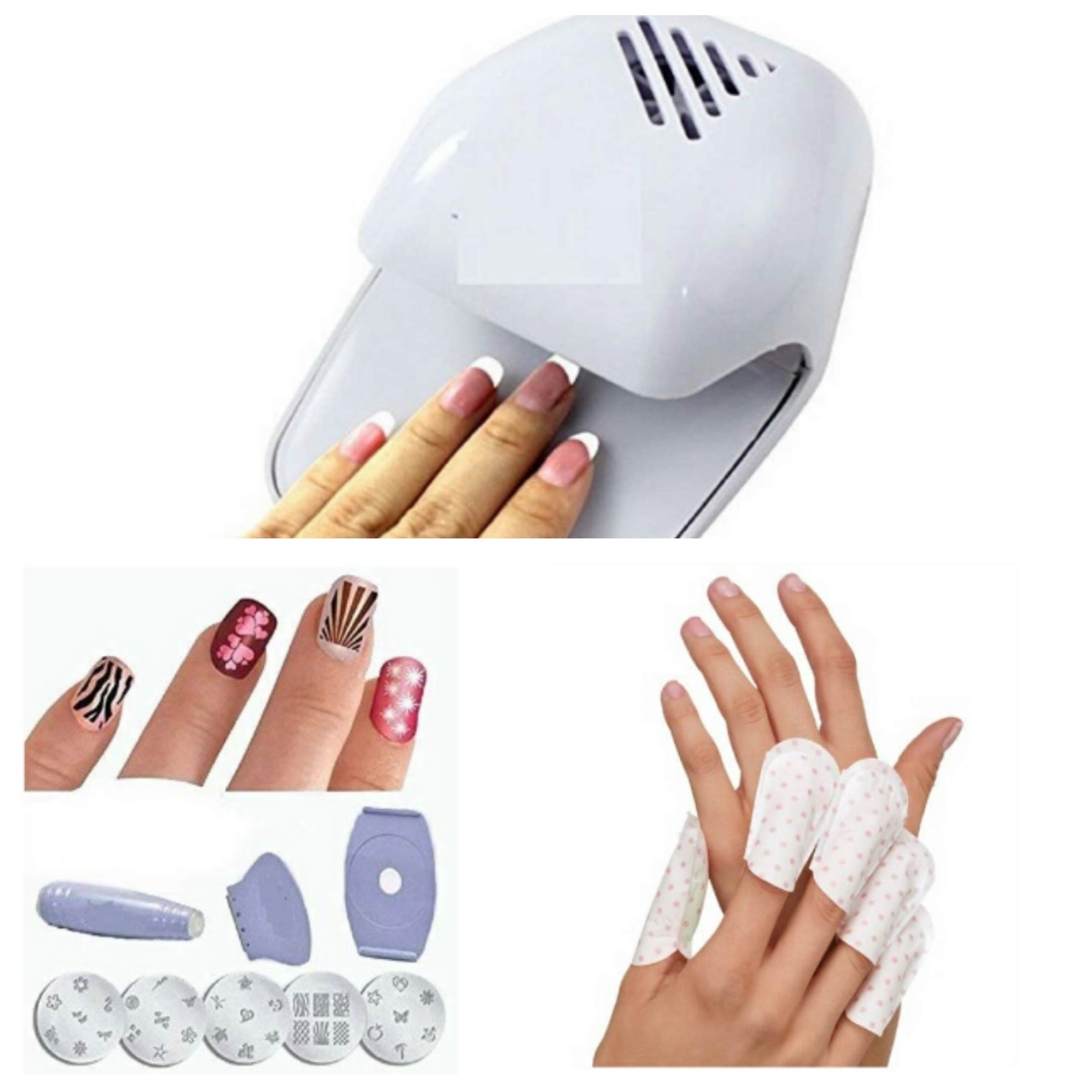 plenzo5 Minute Nail Mani Healing Cuticle Mask + Saloon Express Nail Decoration Design Manicure Kit Art Stamping Set + Electric Fast Blower Nail Dryer Machine for Polish for Girl's = Combo of 3