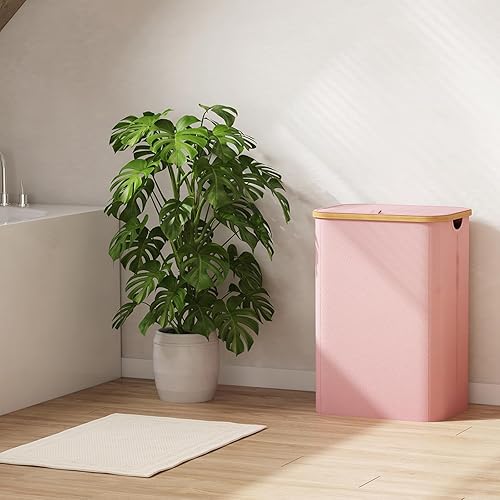 Miniatura 154 de Lifewit Cesta grande de 100 litros con tapa para ropa con asas de bambú y bolsa extraíble, plegable para dormitorio, baño, residencia universitaria