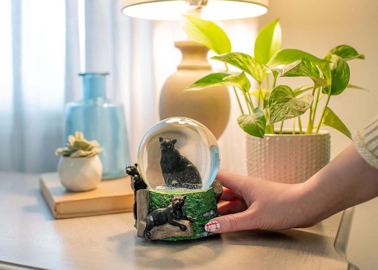 Elanze Designs Panther 100MM Sturdy Polyresin Magical Whimsical Tabletop Dresser Nightstand Wind Up Musical Glitter Water Snow Globe Figurine Decoration Play Tune Born Free