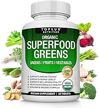 Organic Super Greens Capsules Superfood Fruit Veggie Supplement - 28 Powerful Natural Ingredients with Alfalfa, Beet Root, Tart Cherry & Ginger for Immune & Energy Support, for Men Women, 60 Tablets