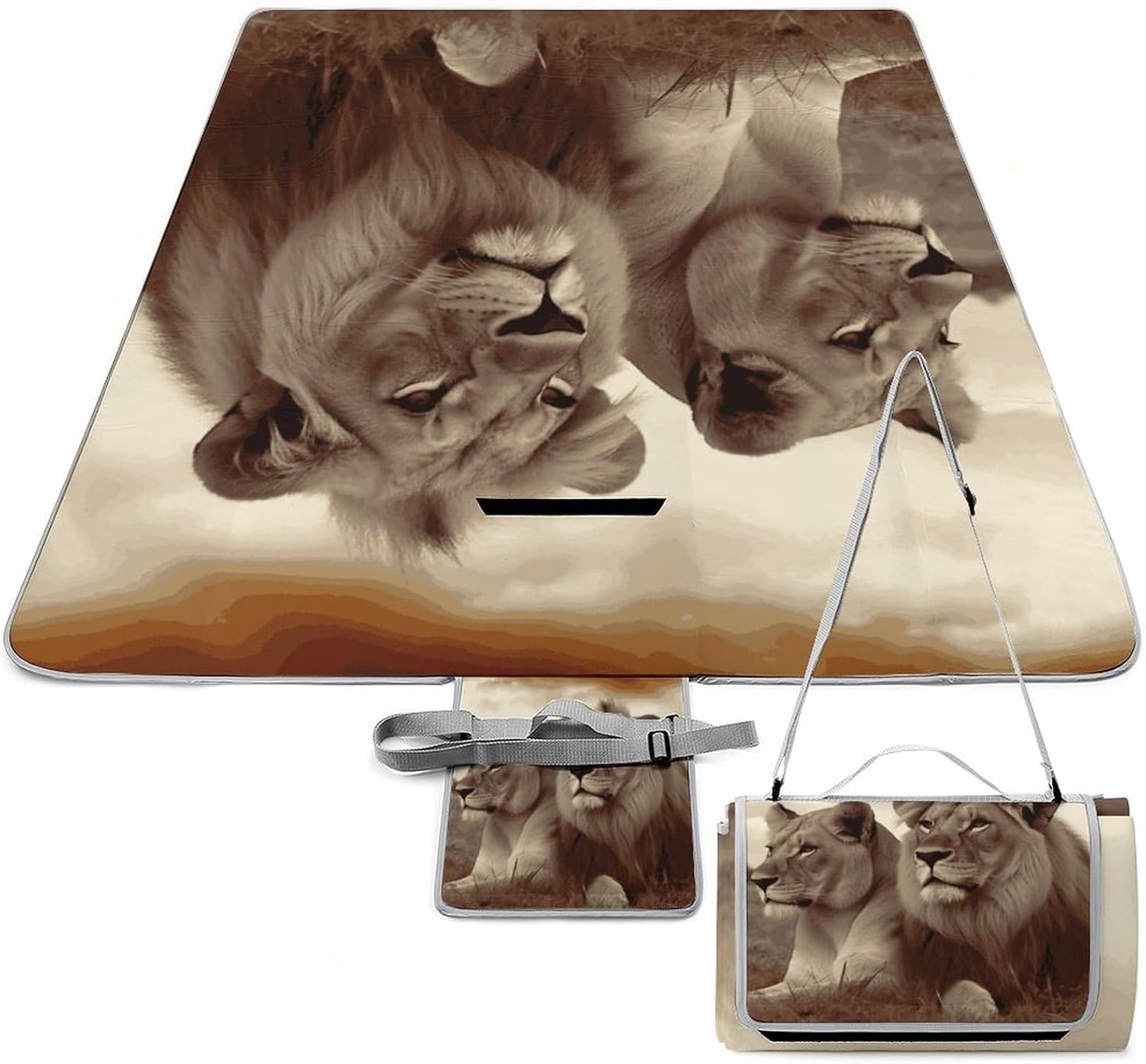 African Lion and Lioness Waterproof Picnic Blanket 58.3''x58.3'',Portable and Foldable Picnic Mat with Handle,Outdoor Blankets for Lawn Park Beach Travel