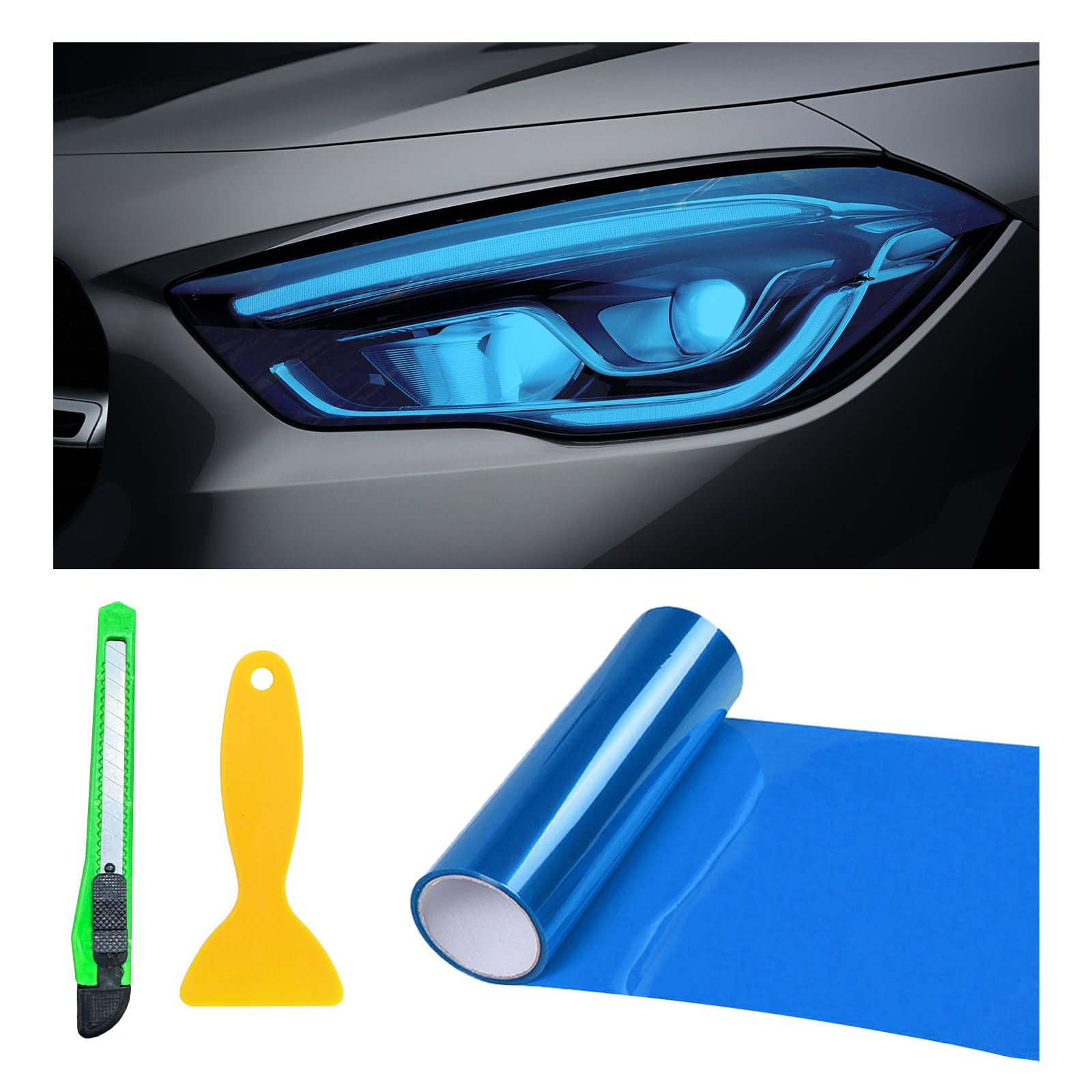 12 × 48 Inch Car Light Tint Film, Shiny Chameleon Headlights Tail Lights Fog Lights Films with Squeeze &amp; Cutter, Self Adhesive Vinyl Film Sticker Sheet Roll Car Accessories (Dark Blue)
