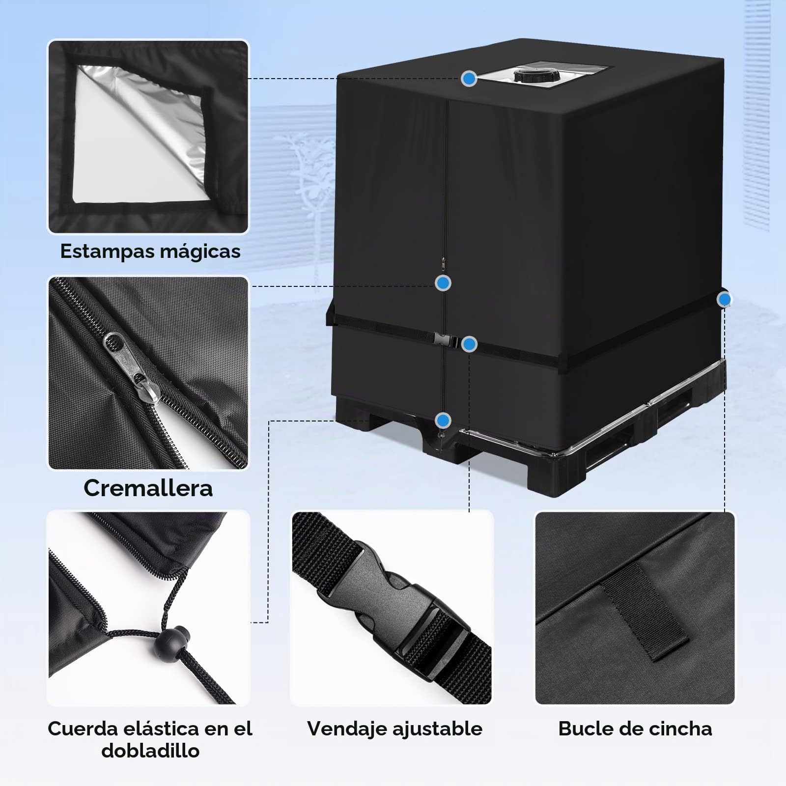 IBC Cubierta para Depósito de Agua 1000 litros NEVERLAND 420D Cubierta Contenedor IBC Funda de Deposito Agua 1000L Lona Protectora para depósito de Agua 120x100x116cm Negro