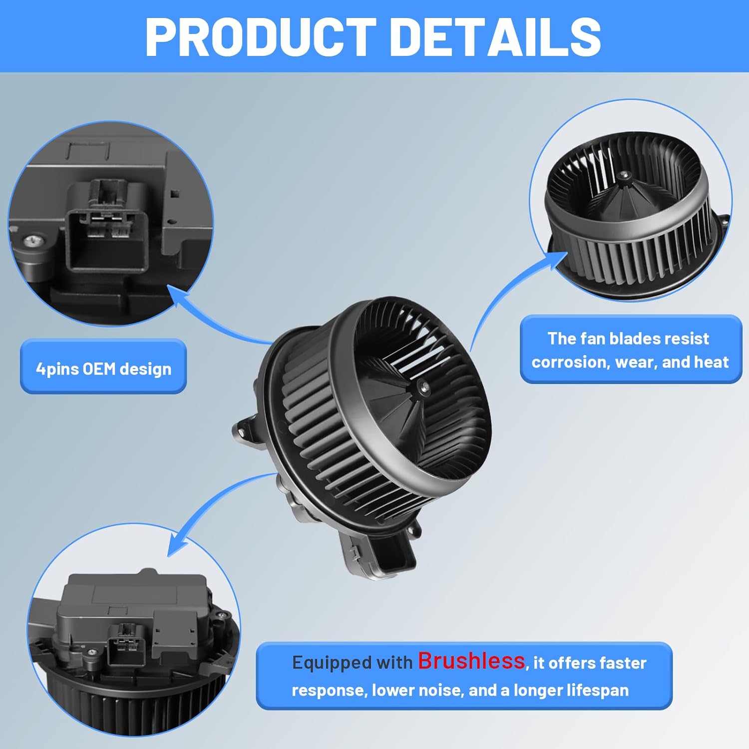 HVAC Heater Blower Motor with Brushless - Compatible with Ford & Lincoln, 2015-2024 F-150, 2018-2024 Expedition, 2018-2023 Navigator, Replace# FL3Z19805A, 700329- Front