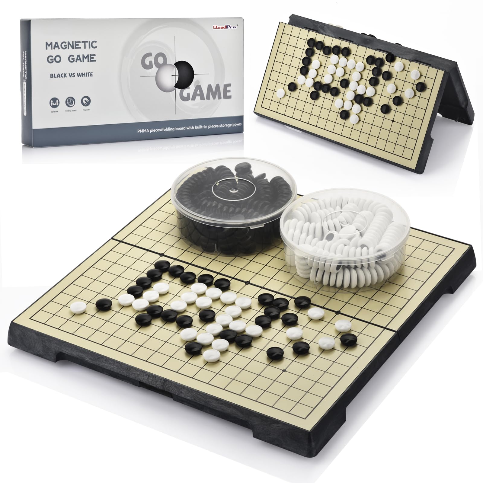 19x19 Go Board Game Set with New Upgrade Portable Travel Folding Board (12.36-Inch) and Magnetic Plastic Stones for Kids and Adults