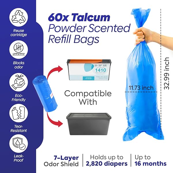 Biomedintech 60 Bags (2 Rolls x 30) Diaper Pail Refill bags compatible with Diaper Genie Easy Roll, fits Platinum & Signature Pails, No Cartridge, Max Odor Control, Scented, Holds 2820 Newborn Diapers - 2