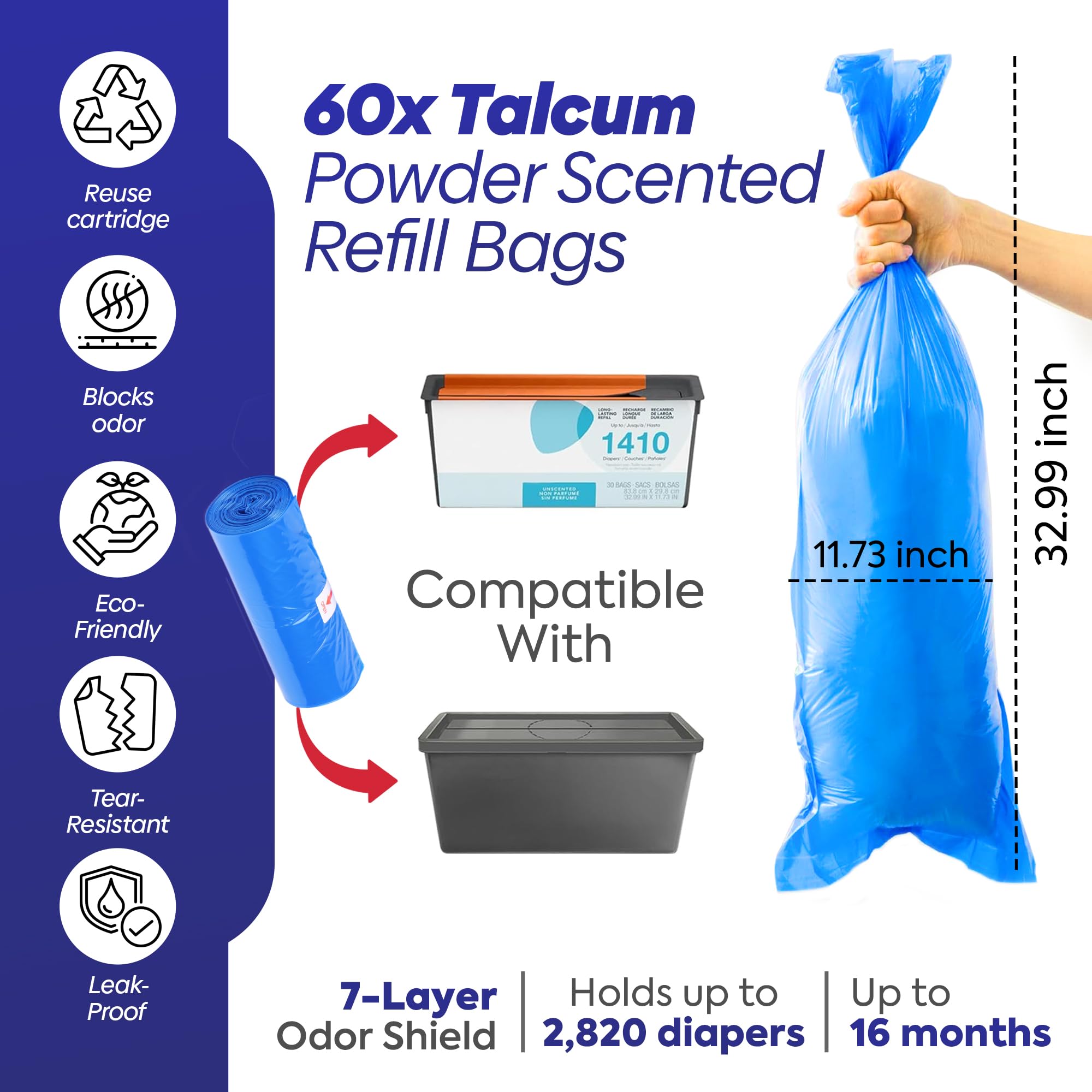 Biomedintech 60 Bags (2 Rolls x 30) Diaper Pail Refill bags compatible with Diaper Genie Easy Roll, fits Platinum & Signature Pails, No Cartridge, Max Odor Control, Scented, Holds 2820 Newborn Diapers — view 2