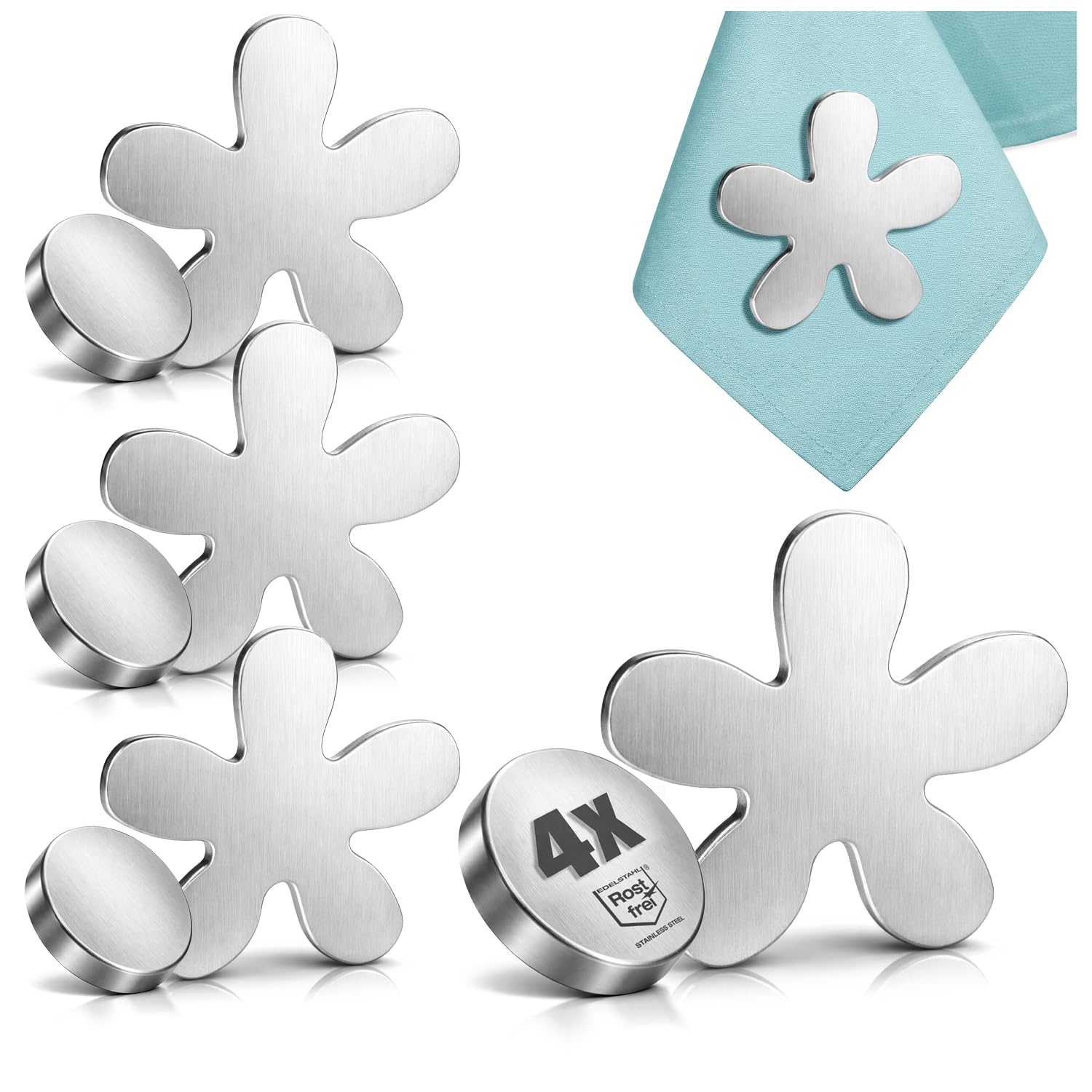 com-four® Tischdeckenbeschwerer - Edelstahl, magnetisch, Blumen-Design, ca. 45 g, 4 Stück