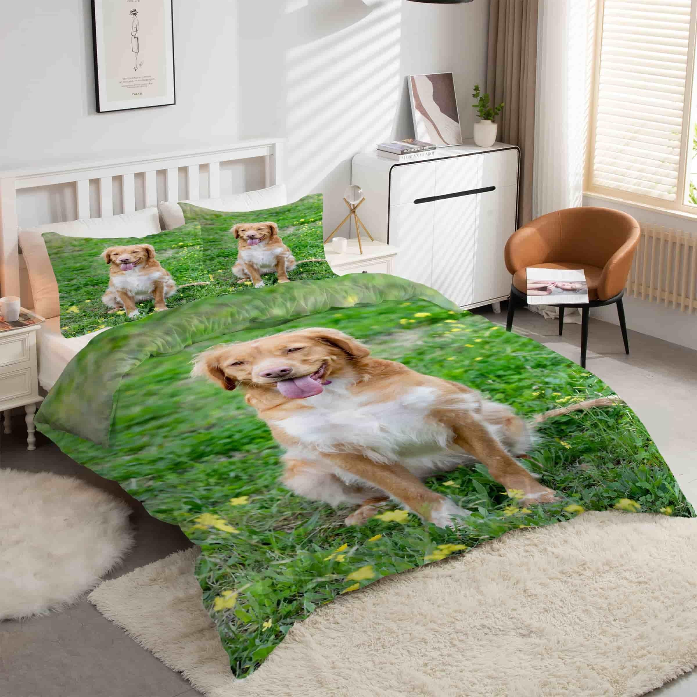 Housse couette 200x200 animaux Golden Retriever parure de lit 3 pièces microfibres