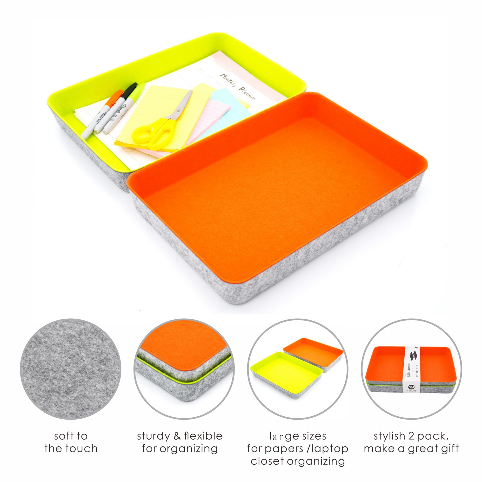 Welaxy 2-teiliger Schreibtisch-Schubladen-Organizer für Dokumente in Briefgröße, A4-Papier, Ordner, Ordner, Aufbewahrungsbehälter (Orange + Grün)