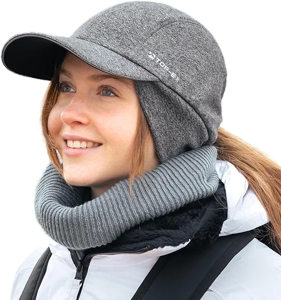 TOP-EX M/L/XL Waterproof Baseball Cap for Women with Ear Flap Running Beanie with Ponytail Hole Reflective Winter Hat Cold Weather Fleece Lined Hat Grey M/L