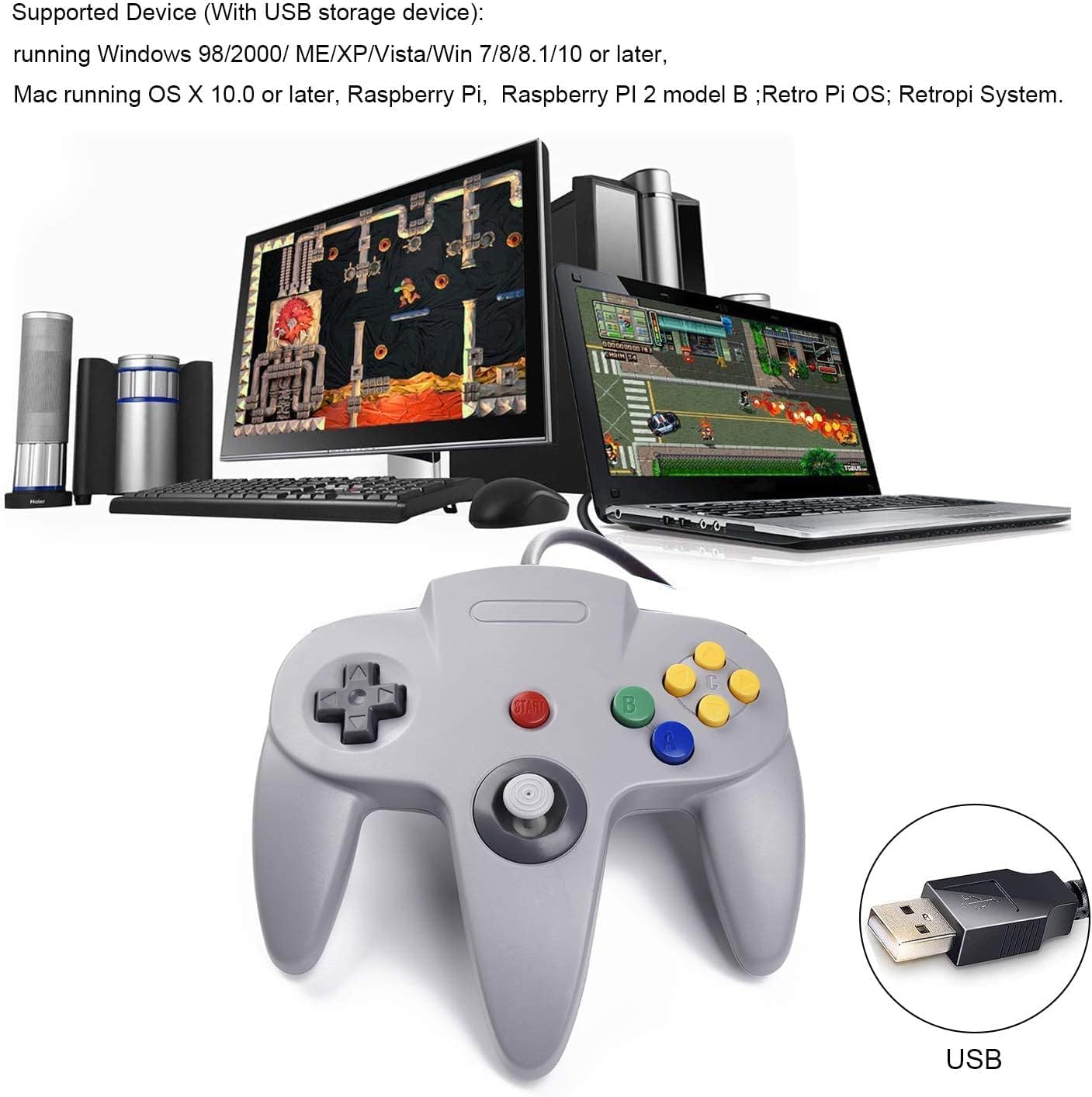 2 Pack USB Wired N64 Controller, miadore Classic N64 PC Gamepad Joystick Controller for Windows PC MAC Linux Raspberry Pi 3 (Black/Gray)