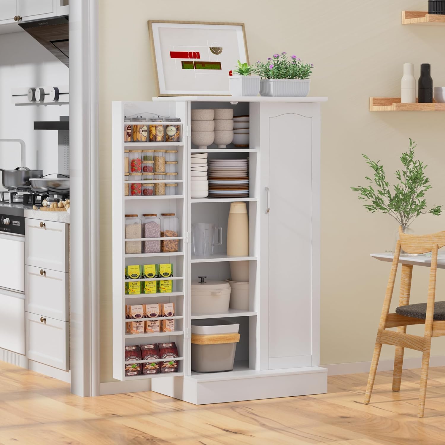 Feonase Freistehender Küchenbuffet Weiß 120x60x40 cm - Stauraumschrank mit 5 Ebenen & 12 Ablagen in Türen - Mehrzweckschrank mit Profil-Front - Vorrats-/Putz-/Flurschrank für Küche, Flur