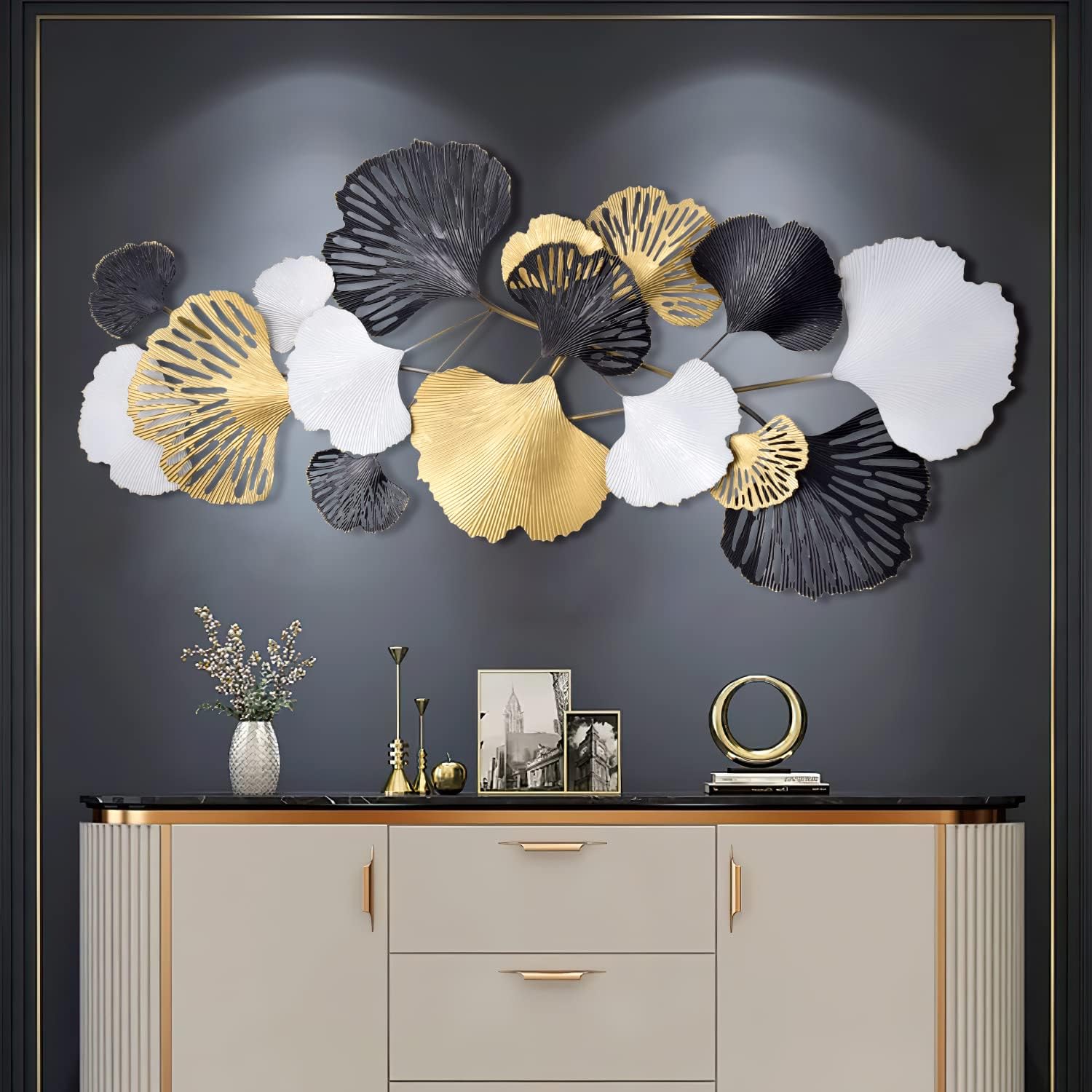 H HOMEWINS 3D Metal Wall Decor Metal Wall Art Leaves,53.5” Modern Large Wall Sculptures Handmade 3D Wall Hanging Artwork Decoration for Living Room Bedroom Kitchen Decoration