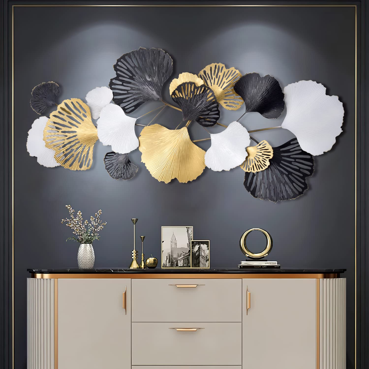 H HOMEWINS 3D Metal Wall Decor Metal Wall Art Leaves,53.5” Modern Large Wall Sculptures Handmade 3D Wall Hanging Artwork Decoration for Living Room Bedroom Kitchen Decoration