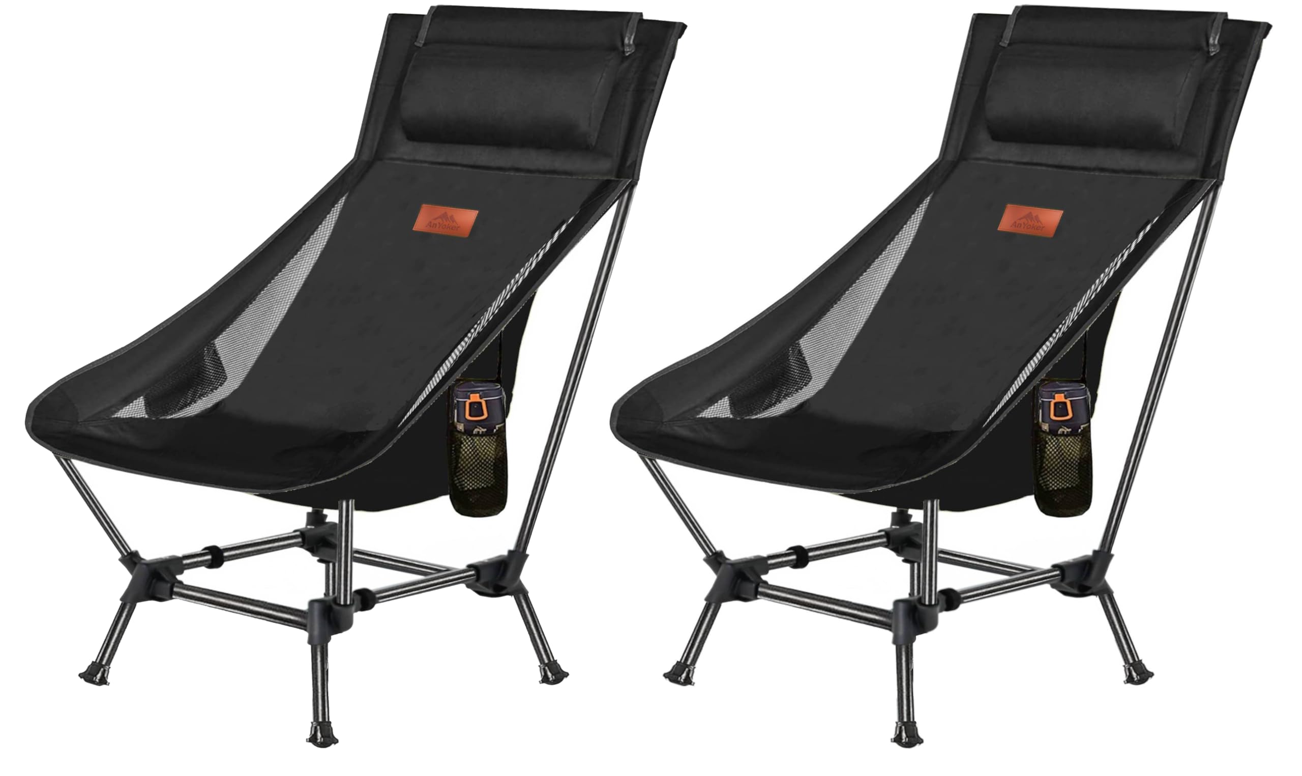 AnYoker Camping Chair, 2 Way Compact Backpacking Chair, Portable Folding Chair, Beach Chair with Side Pocket and headrest, Lightweight Hiking Chair （Black 2 Pack）