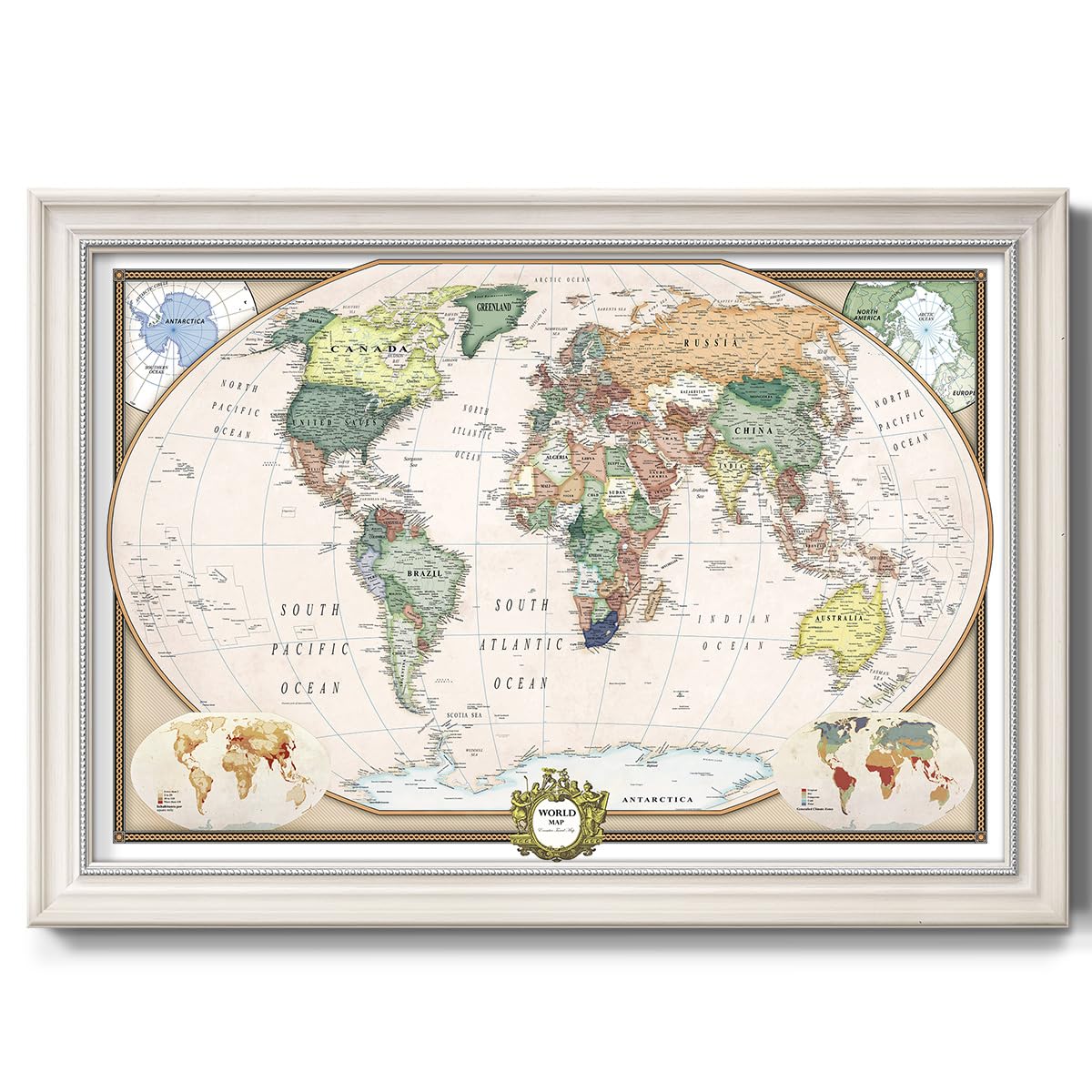 Renditions Gallery Colorful World Map Canvas Wall Art with Modern White Frame Wall Hanging Travel Map with Push Pins for Home, Office, Classroom
