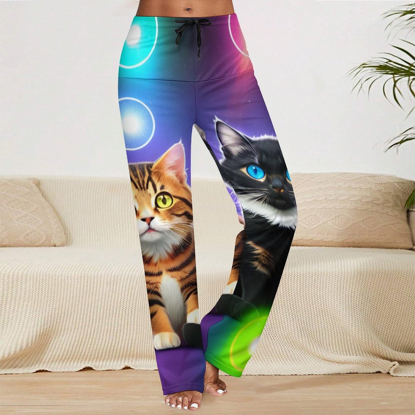 JZDACH Women's Classic Stretchy Pull On High Rise Drawstring Yoga Pants Straight, Compatible with Two Cats with Bubbles, Large