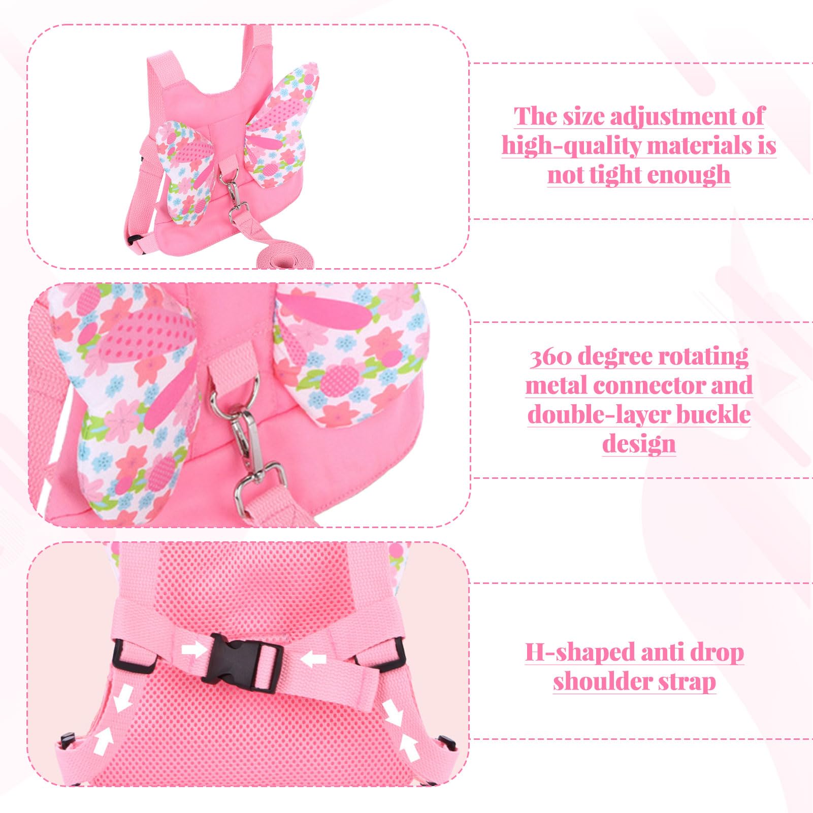 Toddler Leash Harness,Reins for Toddlers Girls,3-in-1 Backpack Leash for Toddlers,Butterfly Wings Design Toddler Reins for Walking 1-3 Years,Adjustable Safety Child Reins for Walking,1-6 Years (Pink) - Image 3