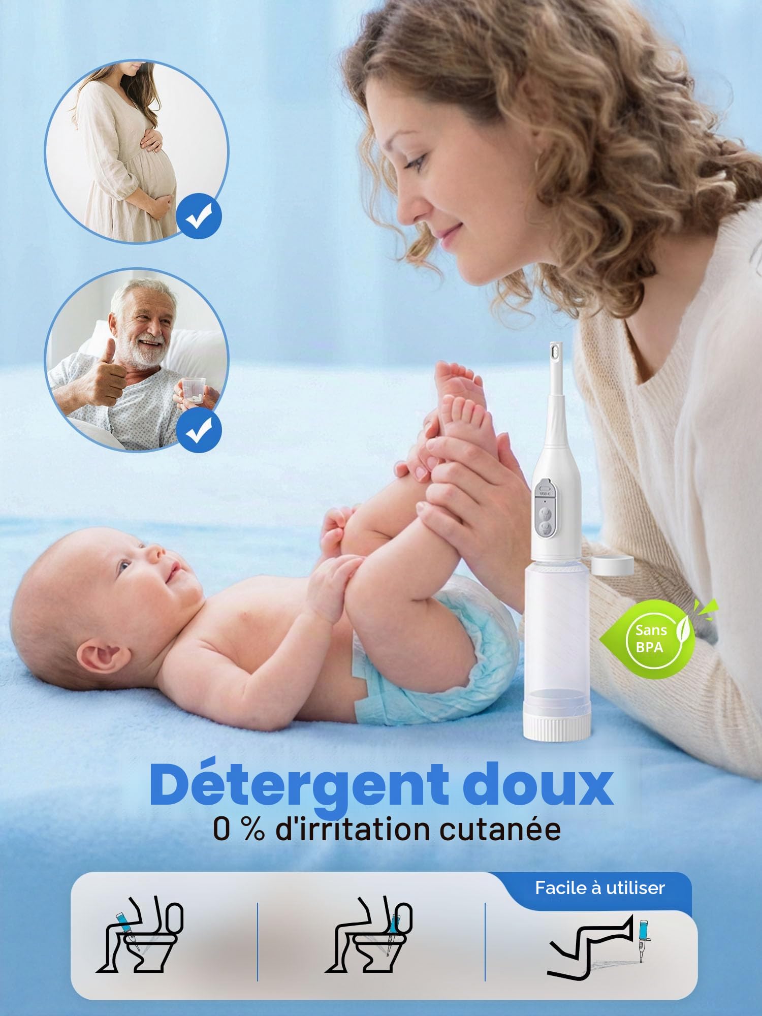 Bidet Portable,Bidet électrique de Voyage,2 Modes de Pression,IPX7 Étanche, Buse réglable à 180°, Lave-Fesses Ergonomique, Hygiene des Parties Intimes Soins du Post-Partum Périnée
