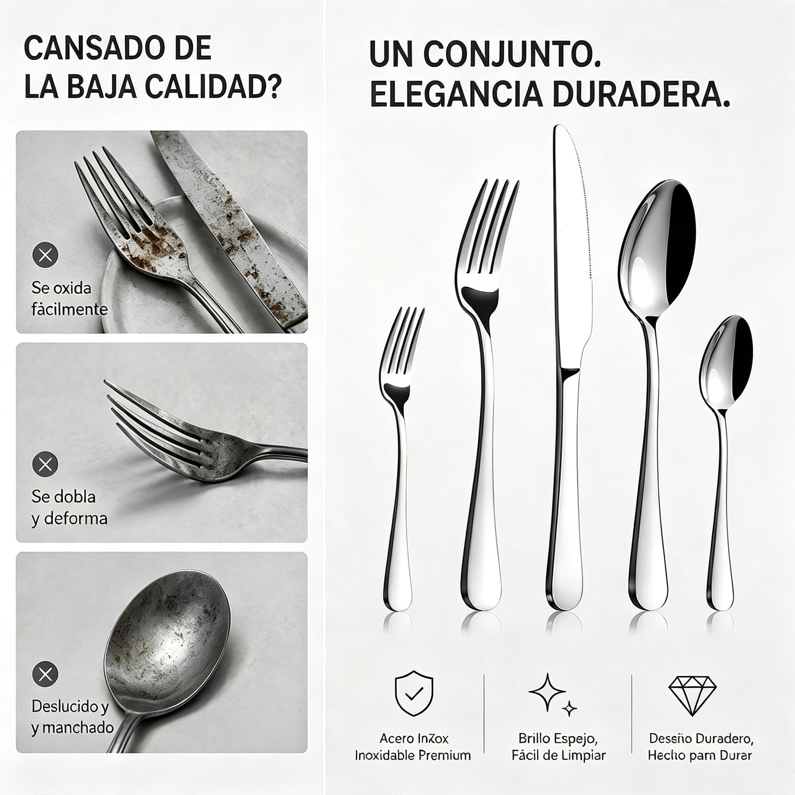 Cubiertos de Mesa 30 Piezas Acero Inoxidable, Set Completo para 6 Personas, Brillante, Resistente y Lavable en Lavavajillas para Cocina y Restaurante