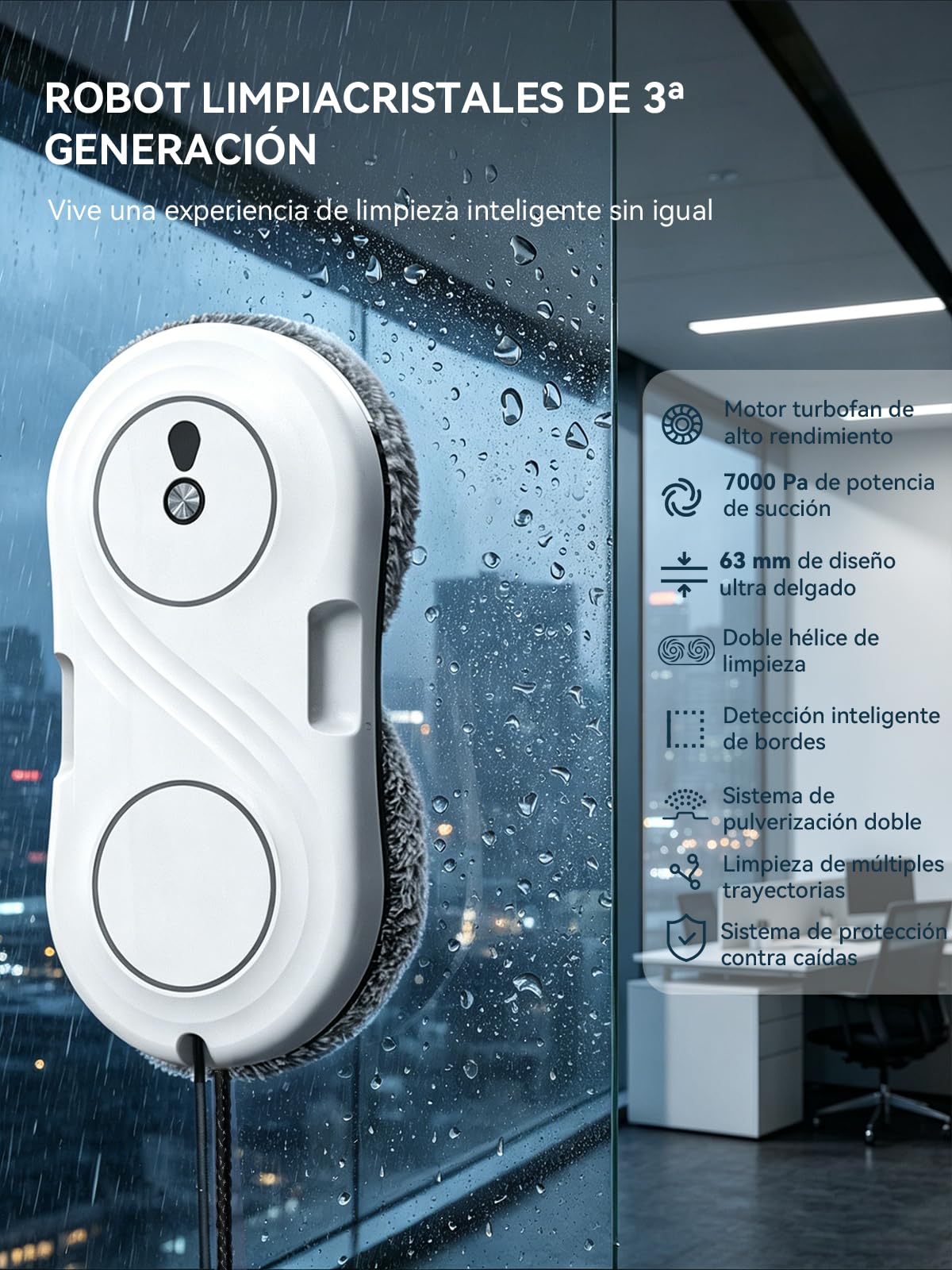 Robot Limpiacristales, Lavado de Ventanas con Doble Boquilla y Potencia de Succión de 7000 Pa, 3 Modos de Limpieza, Limpia Cristales Electrico Ventanas, WD12D
