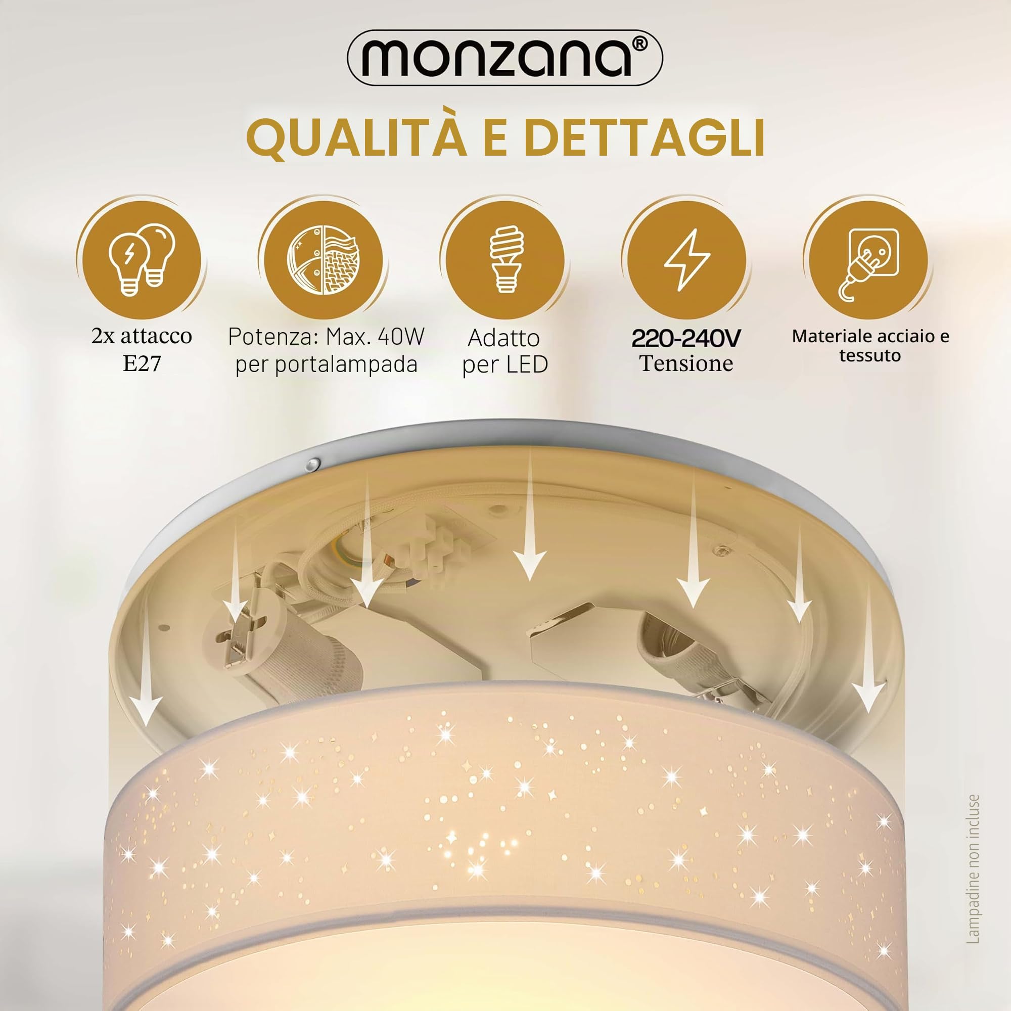 Monzana Lampada da Soffitto Plafoniera Tessuto Ø 38cm Rotonda Luce Soffusa 40 Watt Salotto Camera