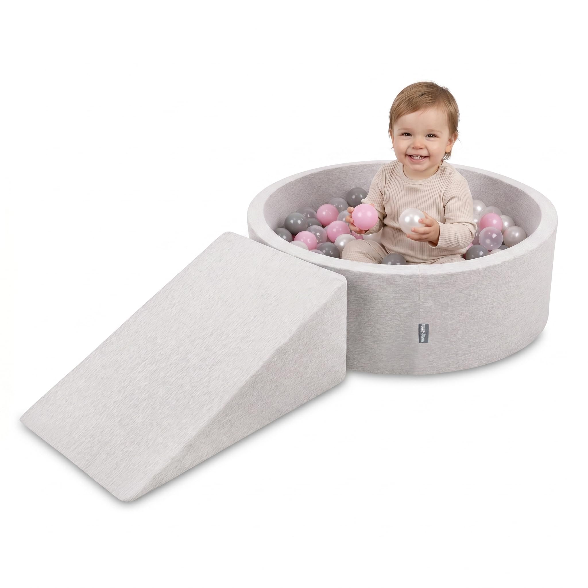 KiddyMoon Soft play set with ballpit 90x30cm and ramp 100 balls 7cm foam playground for babies and toddlers - Light grey: Pearl Grey Transparent Powder pink — image 1