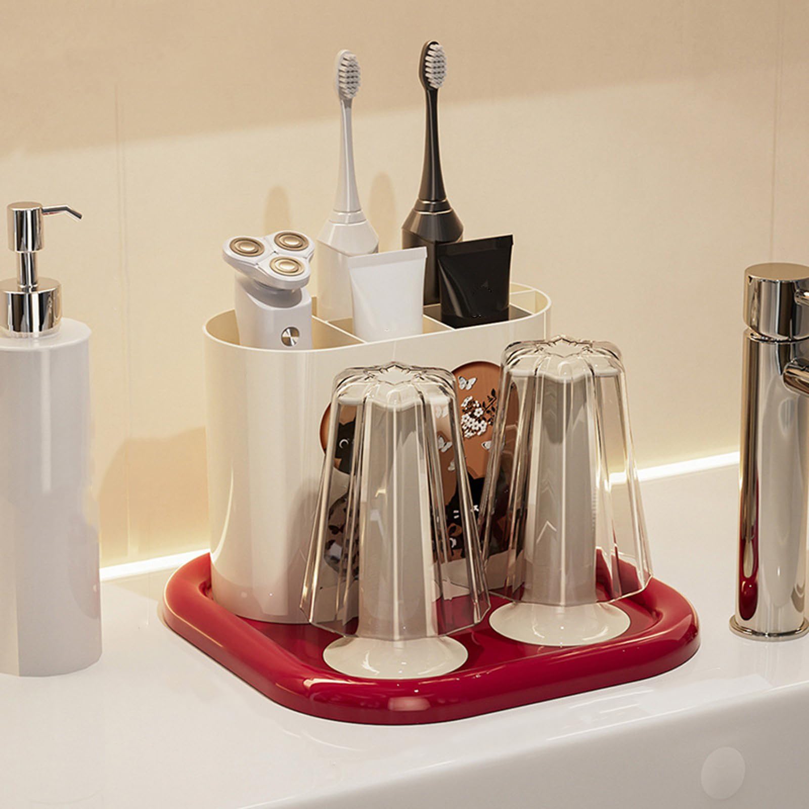MidCentury - Organizador de cepillos de dientes con diseño antideslizante y taza de enjuague bucal para uso diario, accesorio de organización de baño, soporte para cepillo de dientes