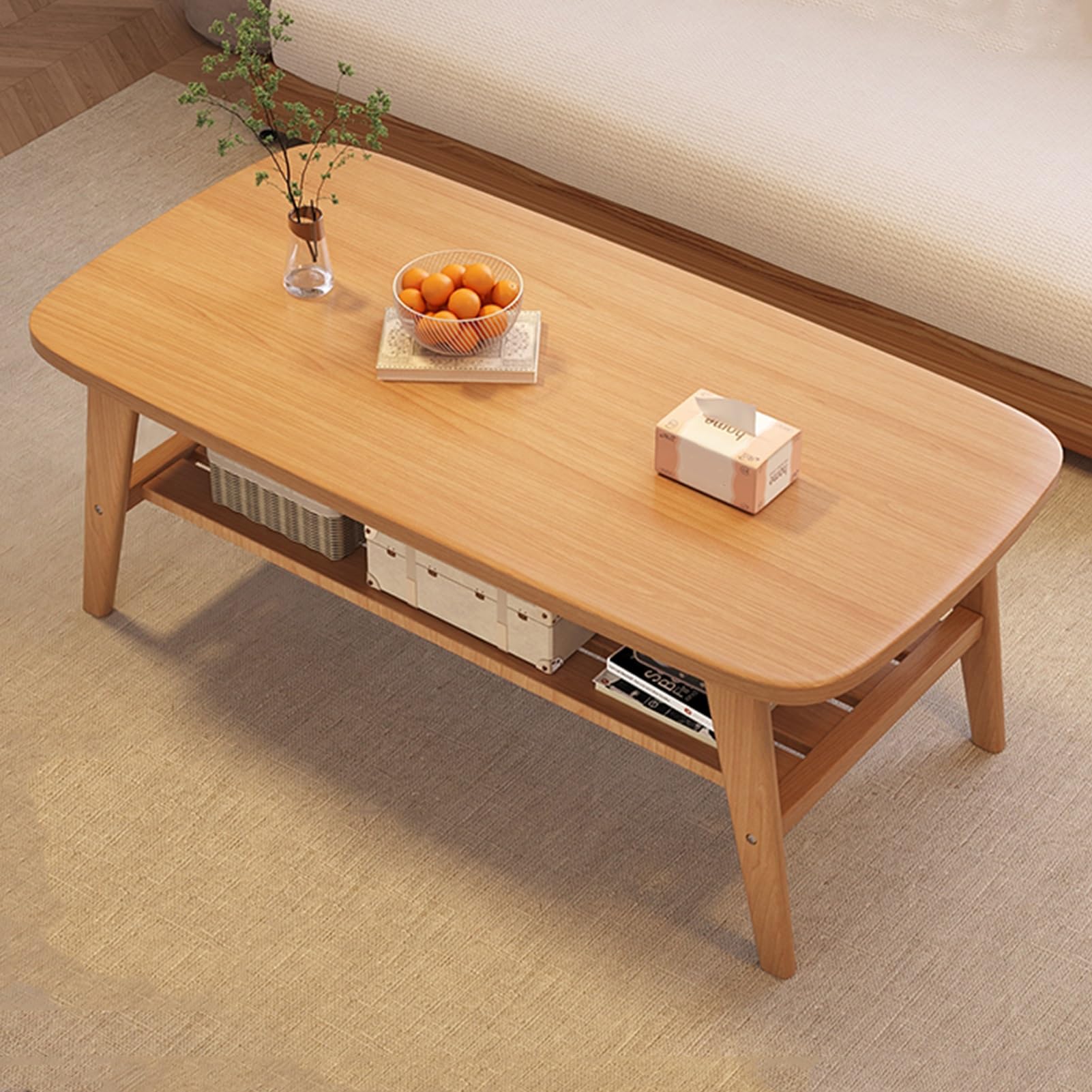 Table de Salon en Bois avec Étagère de Rangement Double Niveau Facile à Monter